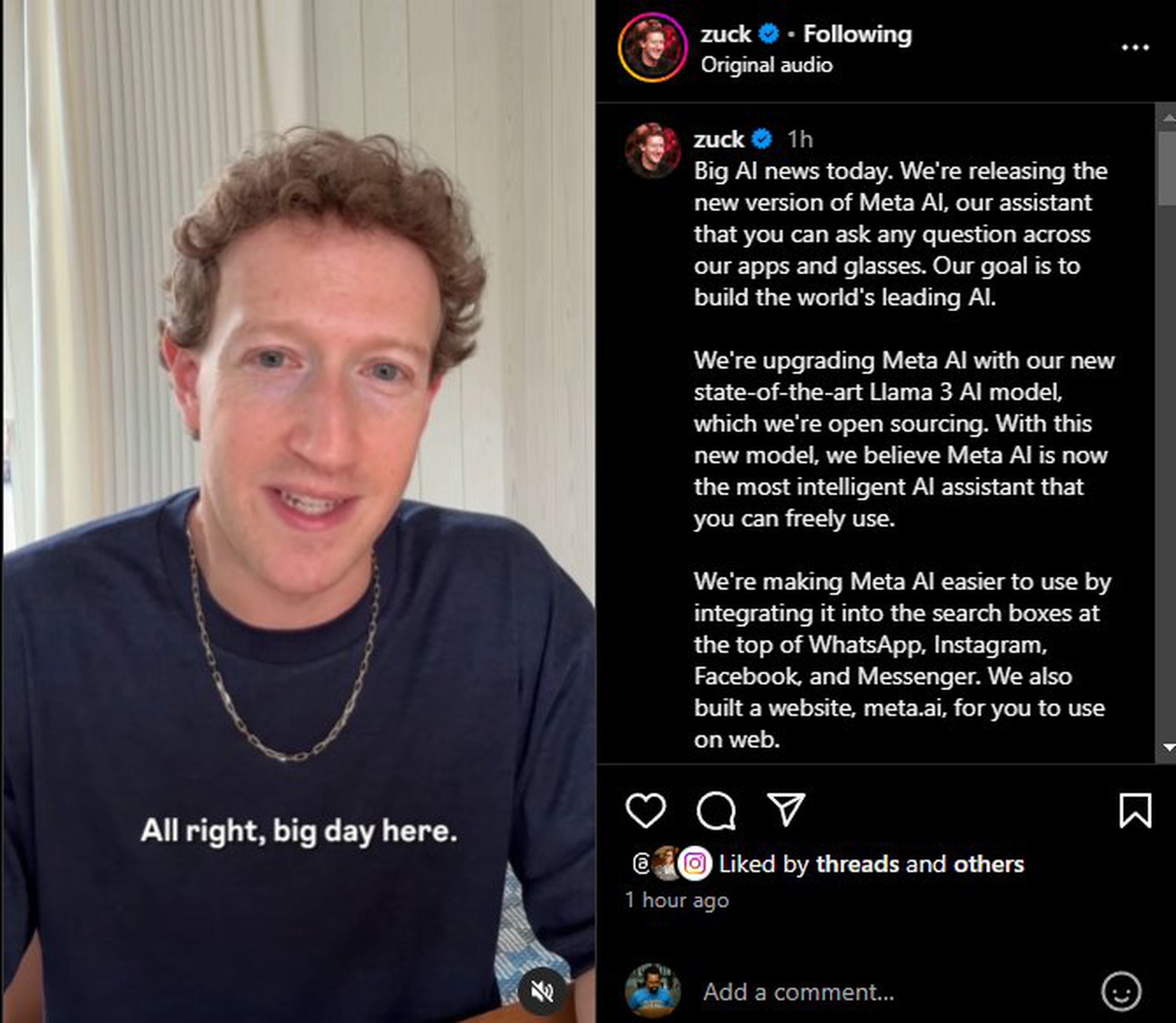 Screenshot of Mark Zuckerberg’s Instagram post announcing LLama 3 features in Meta products, showing the executive wearing a simple metal chain.