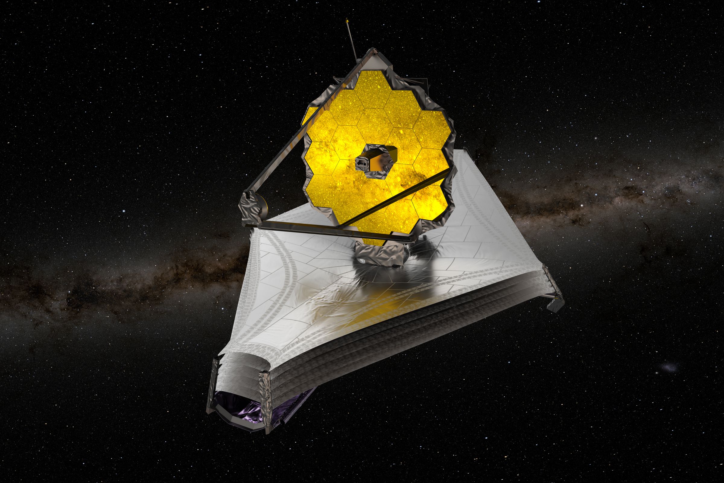 An artistic rendering of JWST fully deployed in space.
