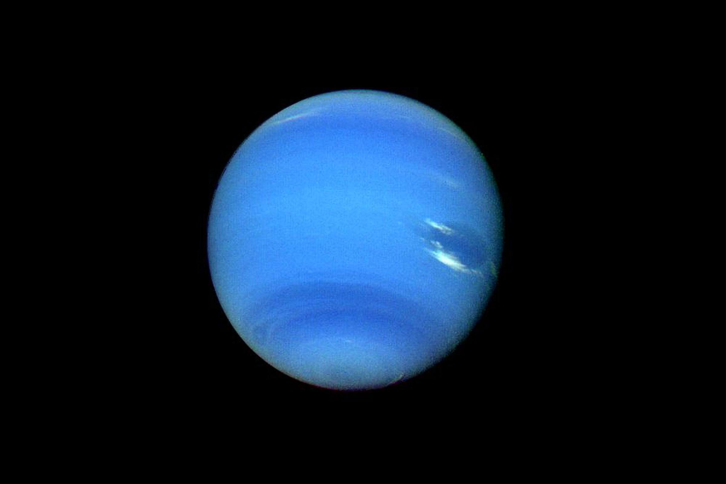 An enhanced color image of Neptune, taken by Voyager 2.