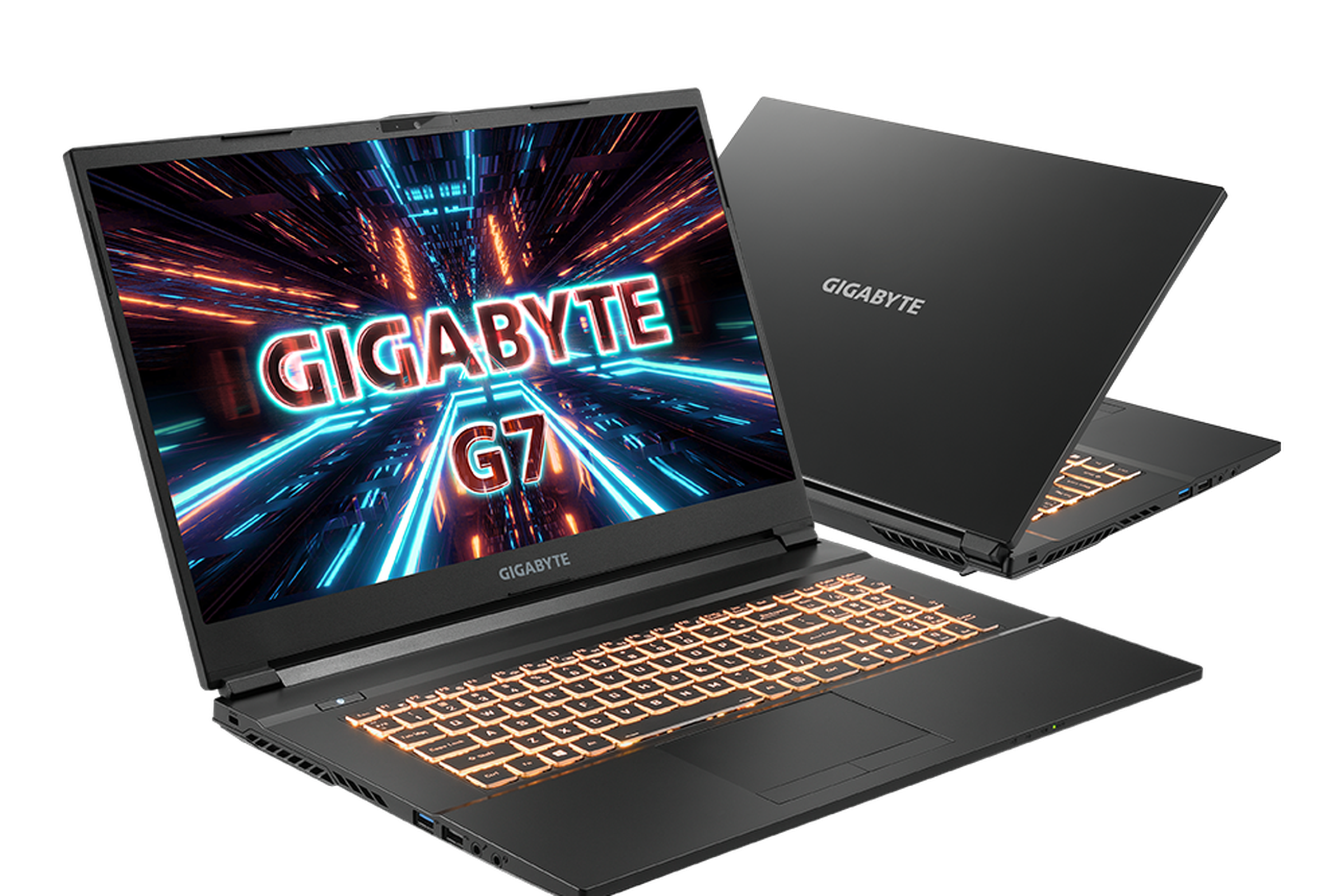 Two Gigabyte G7 models perpendicular to each other. The front model is angled slightly backwards with the Gigabyte G7 logo displayed on the screen. The back is slightly closed.
