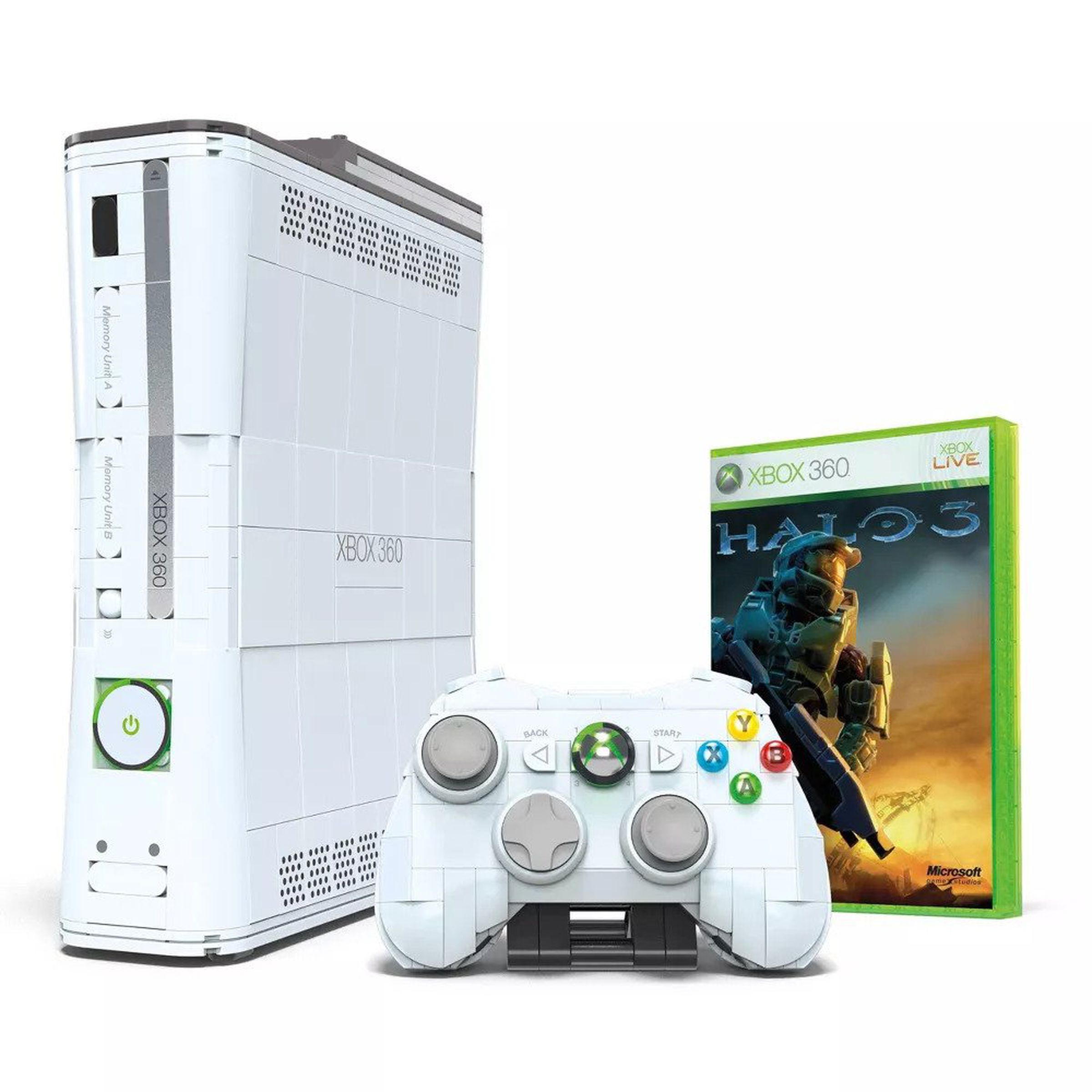 Screenshot from Mega’s Xbox 360 replica console featuring the brick-constructed console, a controller, and a copy of Halo 3