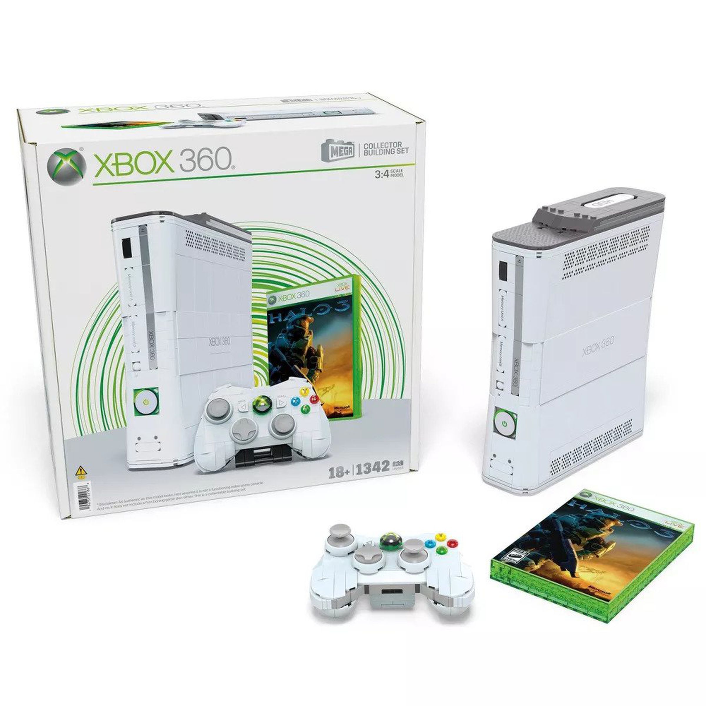 Image of the full Mega Xbox 360 replica set featuring the console, the box, a controller, and a copy of Halo 3.