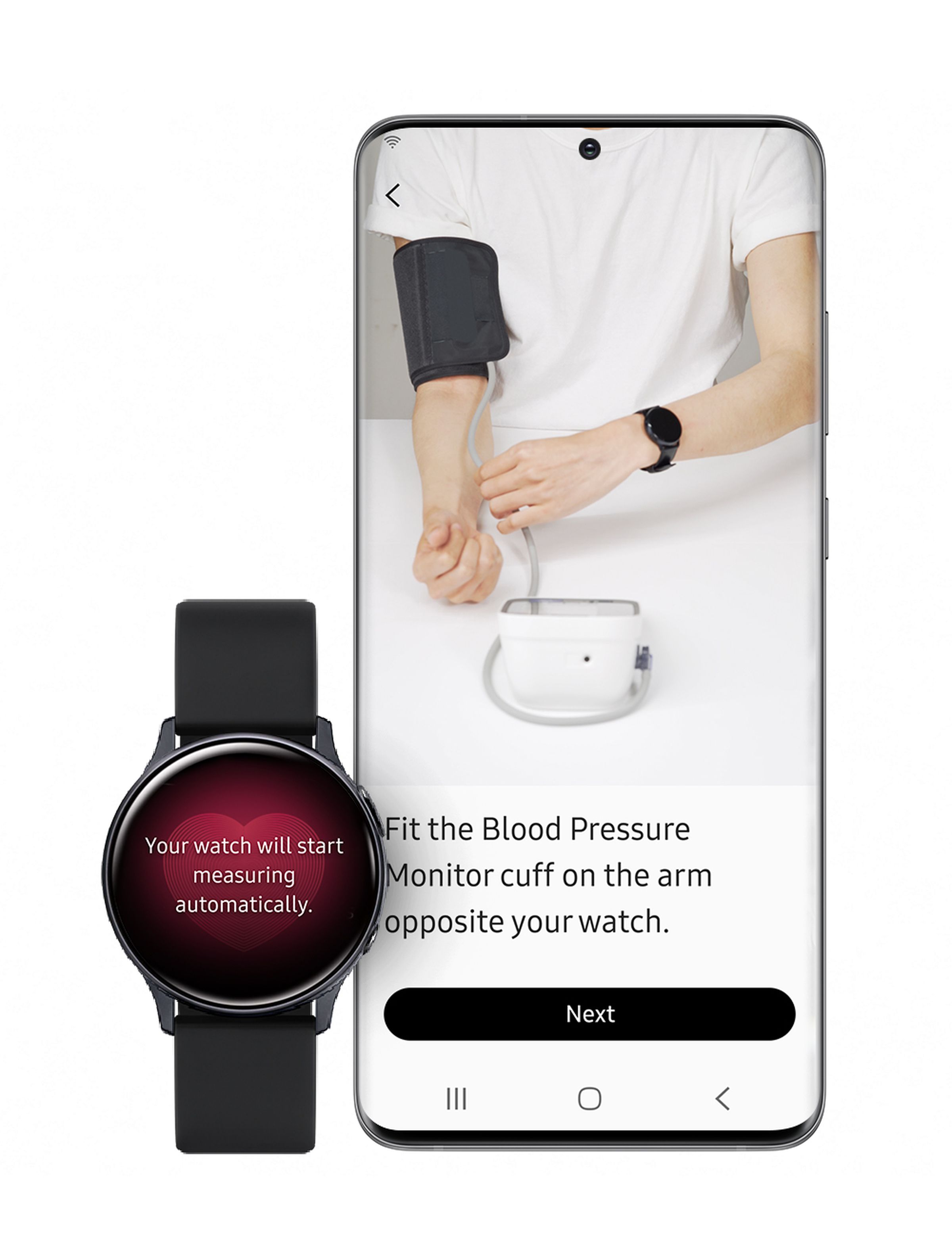 A watch sits next to a phone in a photo illustration. The watch has an image of a heart, and text that says “your watch will start measuring automatically” The phone displays a photo of a person wearing a white shirt. One of the person’s arms has a watch, the other has a blood pressure cuff.