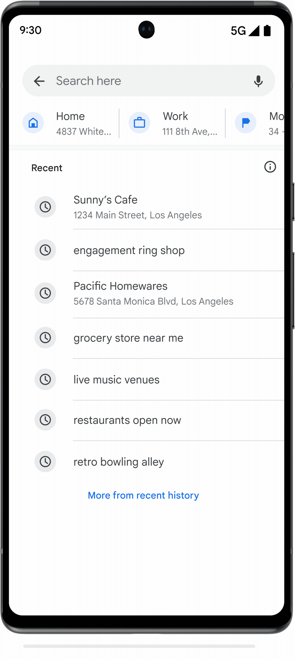 A GIF displaying how users can delete their Google Maps search history with a single click.