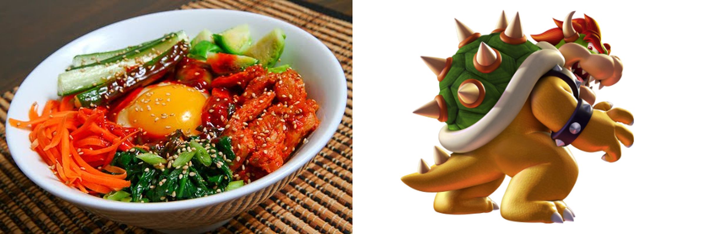 Bibimbap (left) and Bowser (right). Which is which? It’s too difficult to say.
