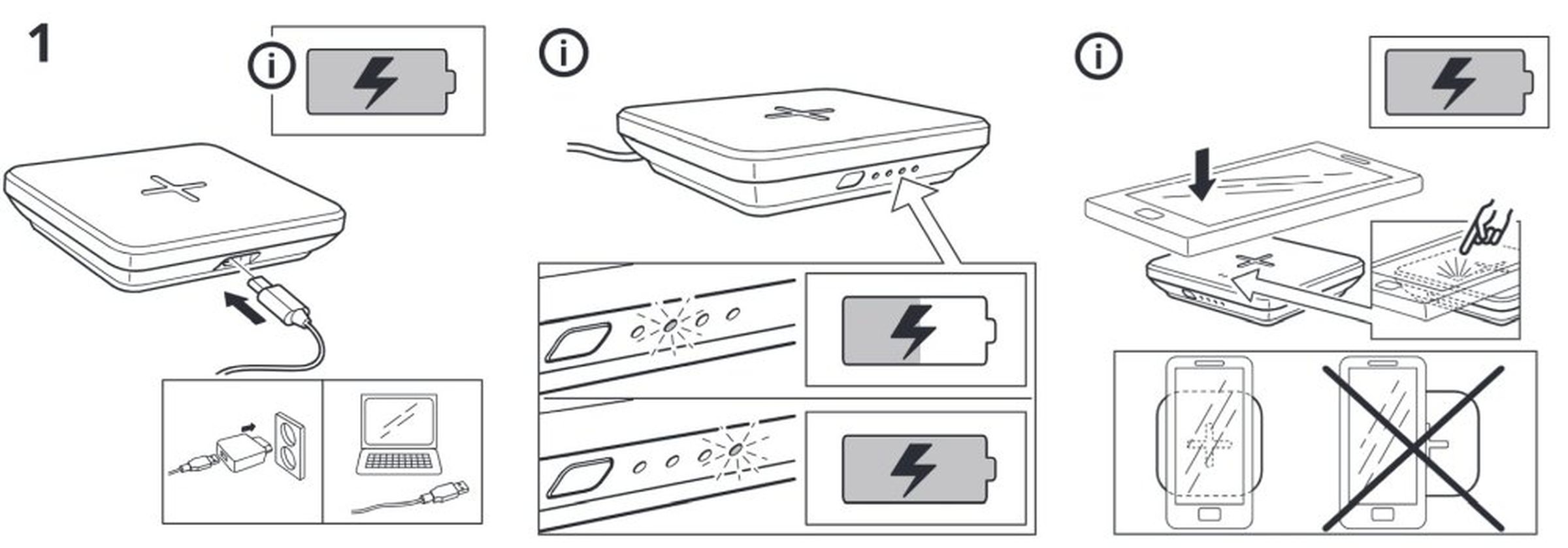 Ikea Nordmärke portable wireless charger manual describes how to charge and use the battery pack.