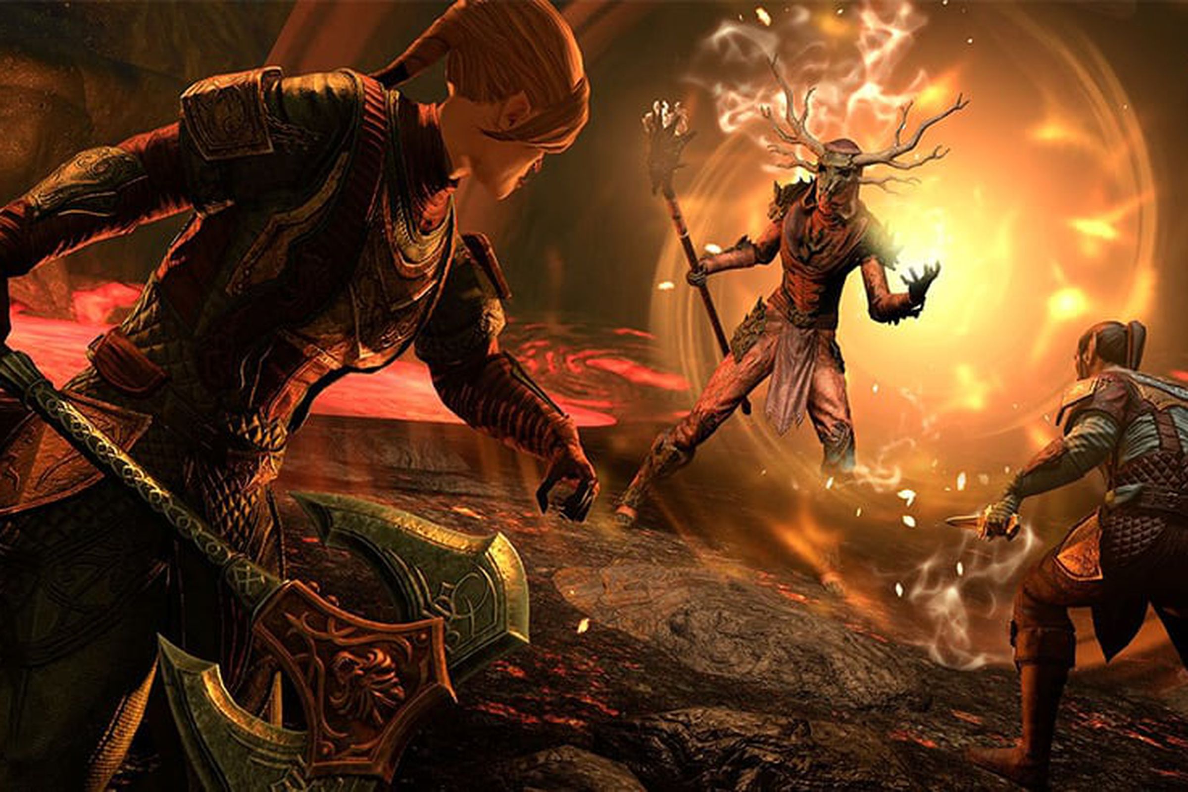 Screenshot showing three fantasy characters from Elder Scrolls Online.