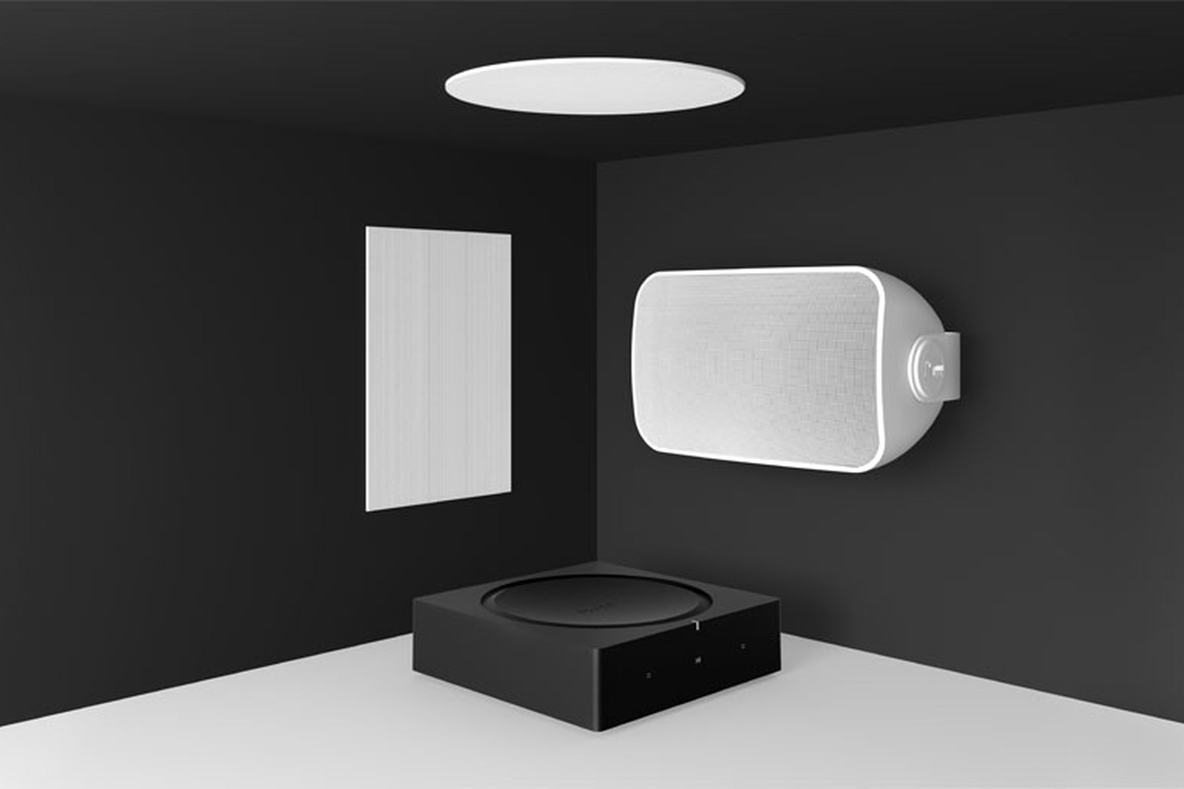 Sonos Amp flanked by new in-wall, in-ceiling, and outdoor speakers from Sonance.