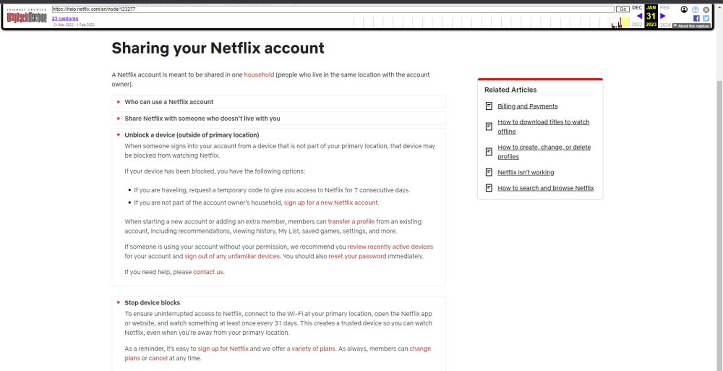 La página de soporte archivada indica que Netflix puede bloquear un dispositivo 