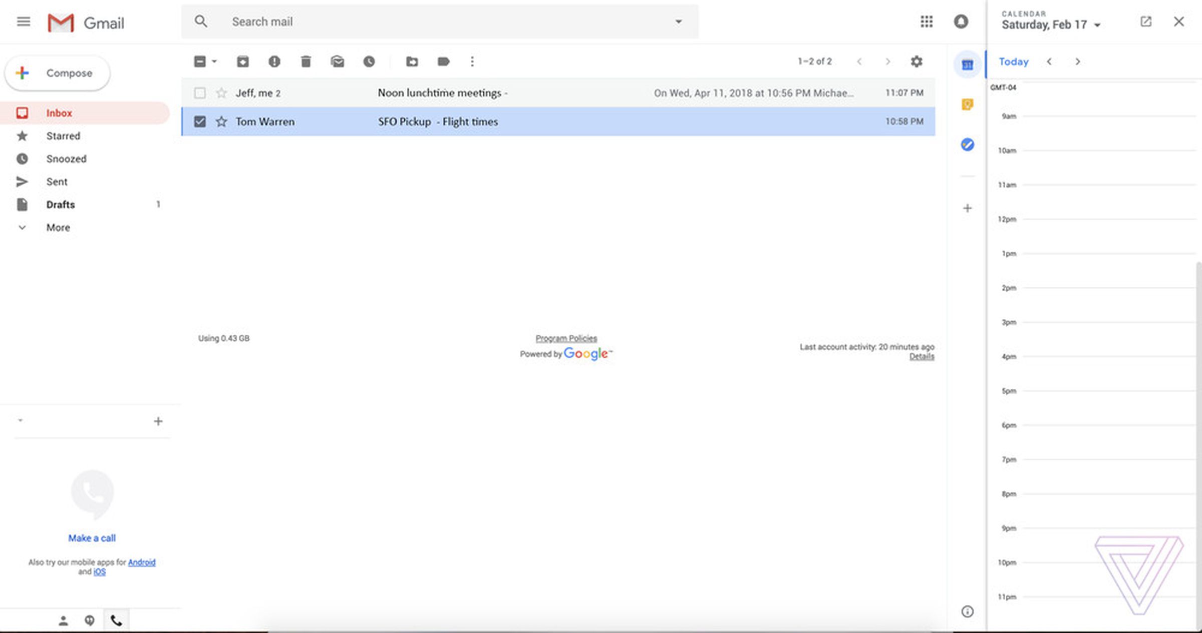 New Gmail with side-by-side calendar