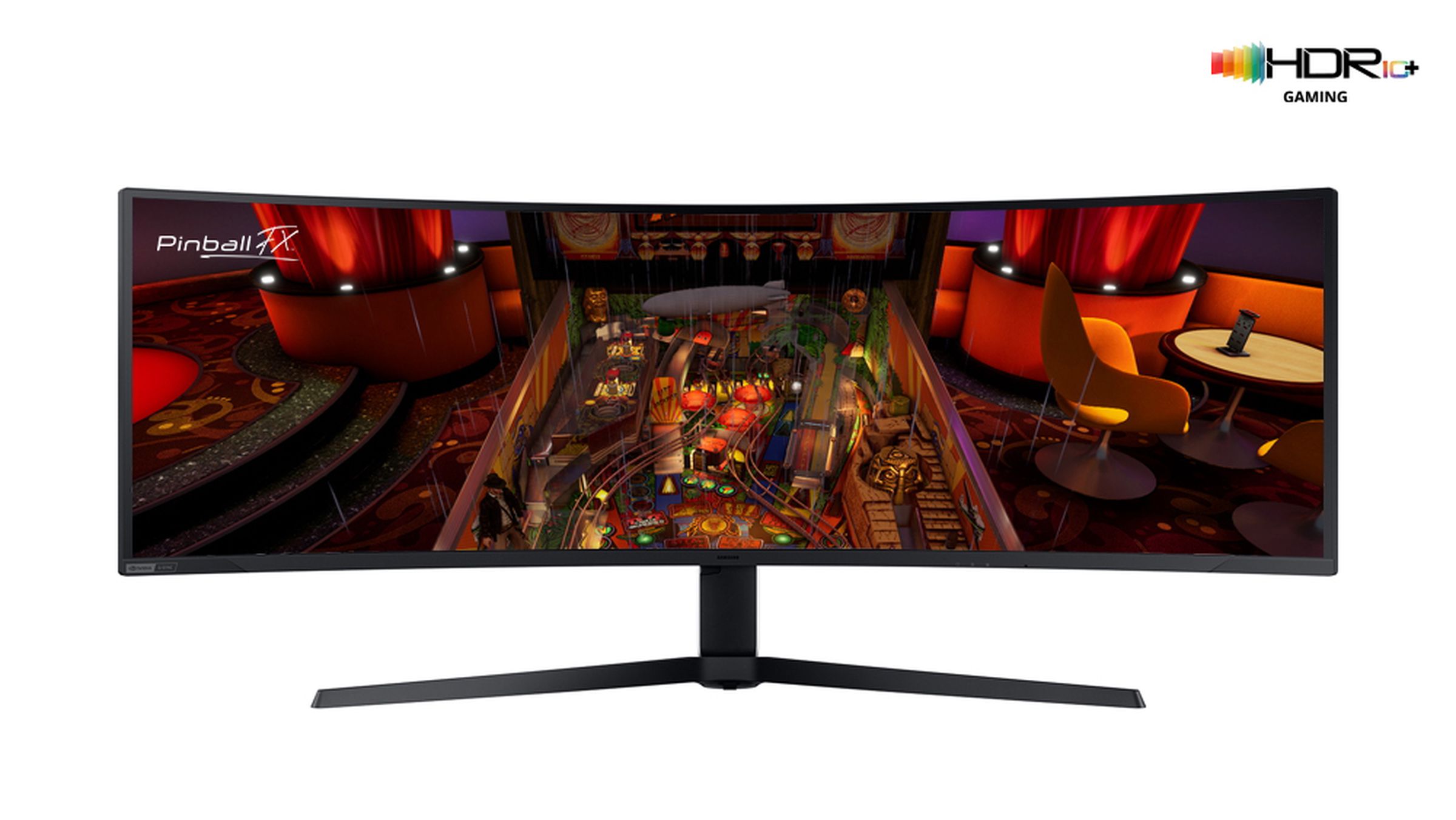An unnamed Samsung Odyssey-like curved gaming monitor with the new HDR10+ gaming compatible Pinball FX