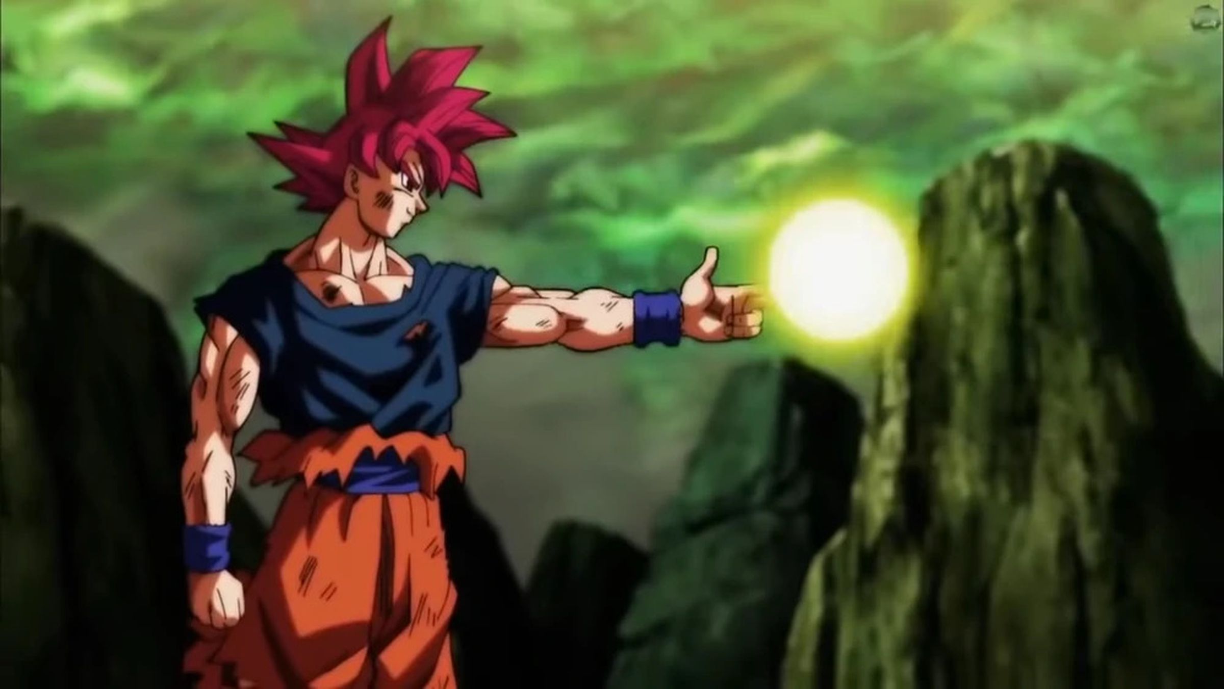 Screenshot from Dragon Ball Super featuring a magenta-haired Goku curling his hand into a gun shape and firing the God Shot energy move