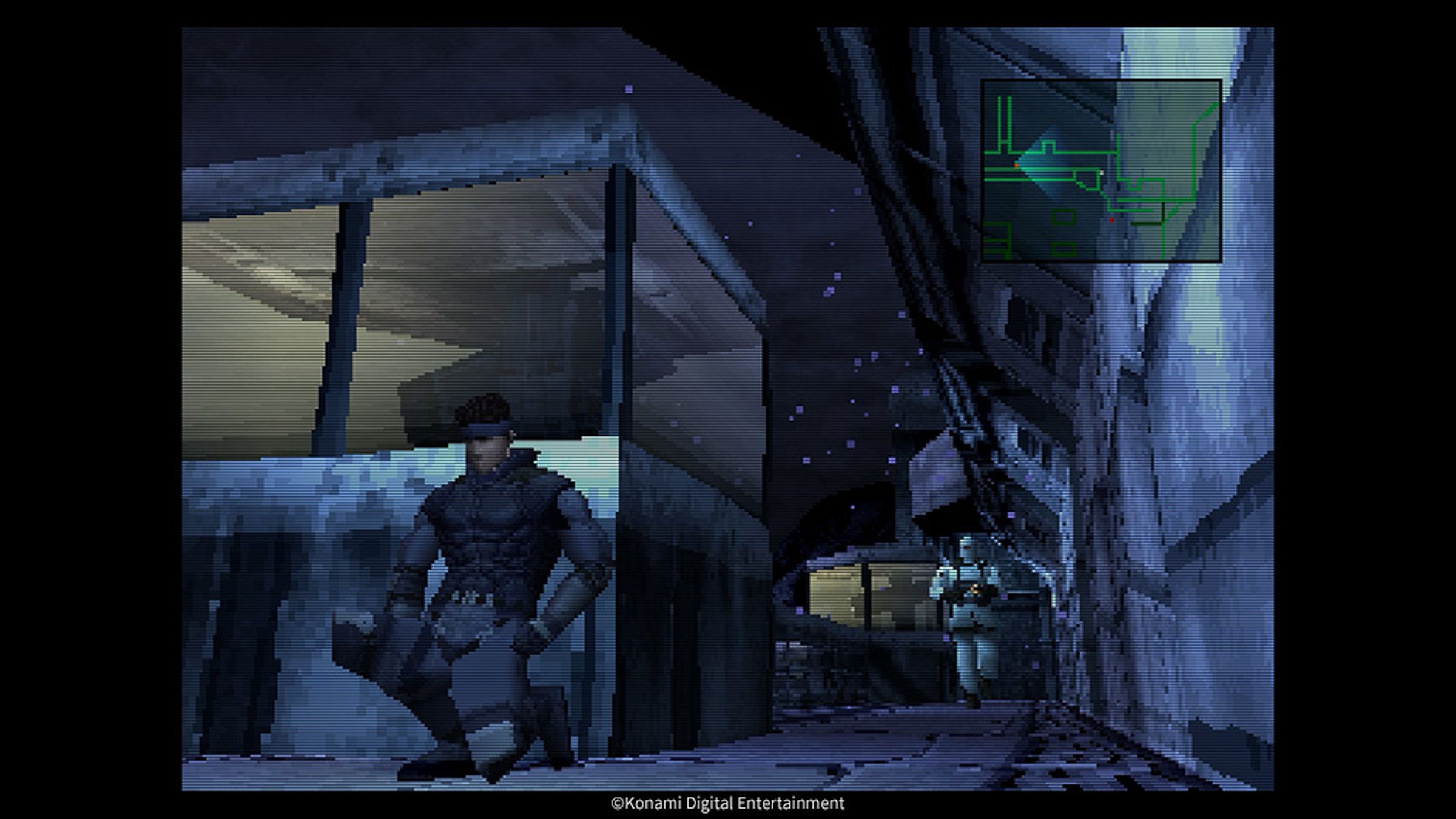 A screenshot of Metal Gear Solid with a filter adding CRT scanlines.
