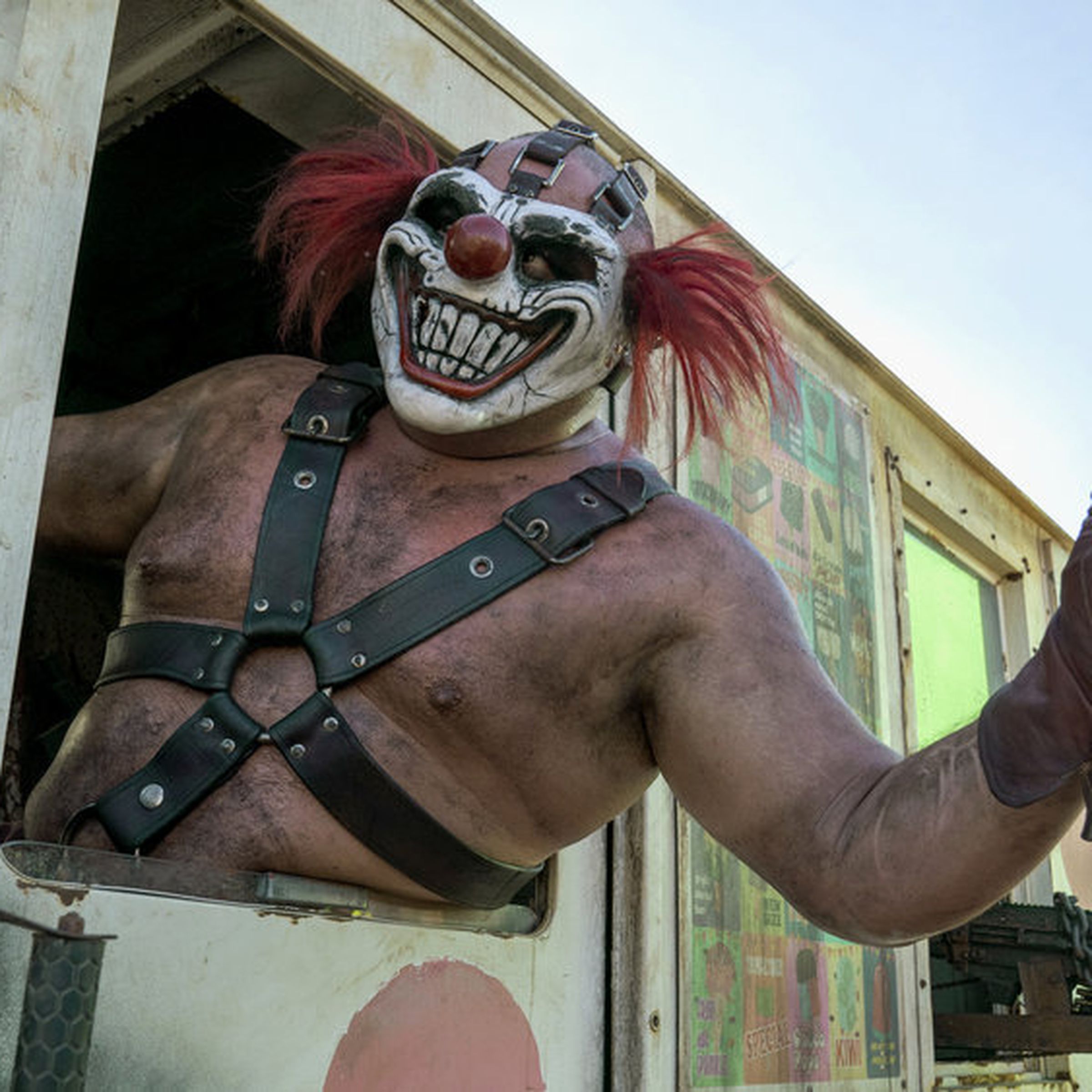 A still photo of the character Sweet Tooth in the TV show Twisted Metal.