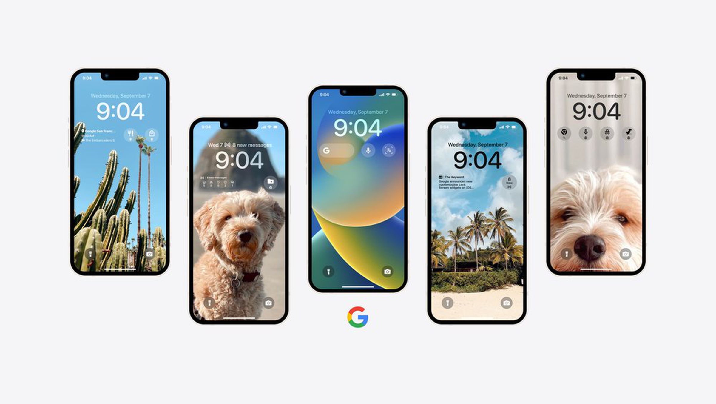 Lockscreen widgets for several Google apps shown on four iPhone screens