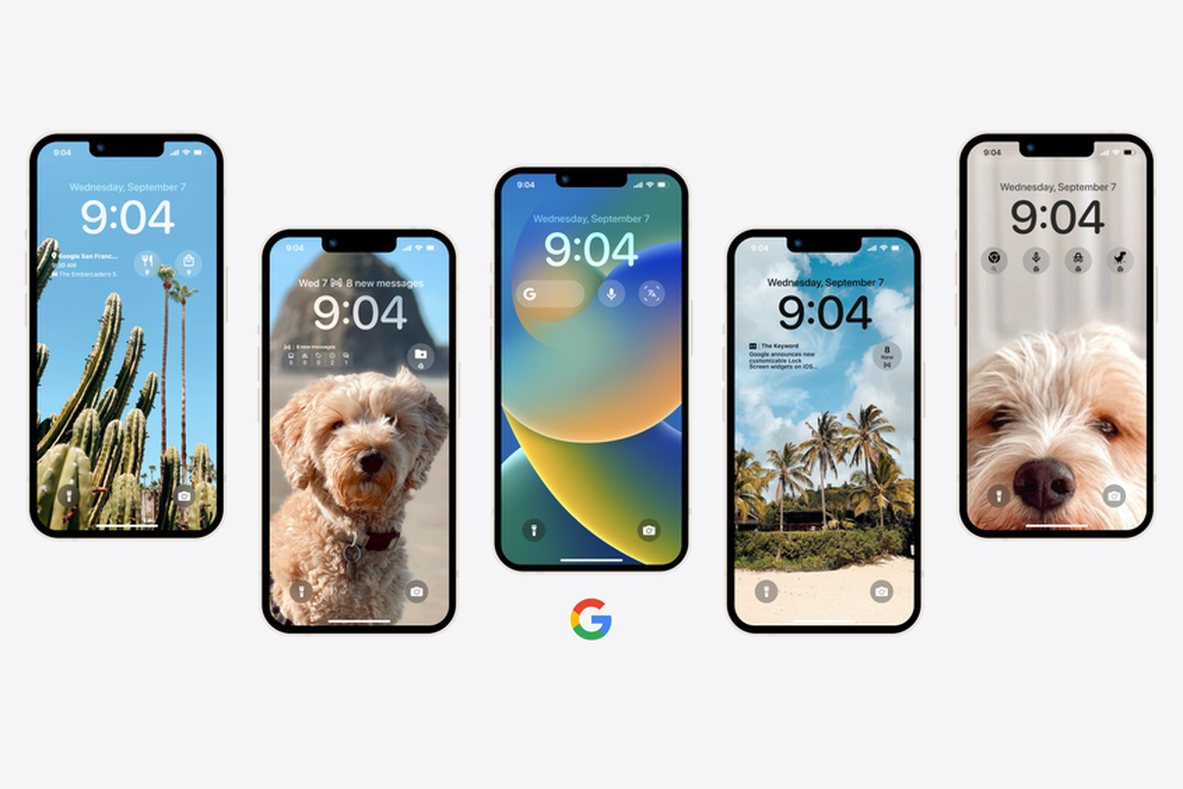 Multiple iPhone lock screens with Google app widgets.