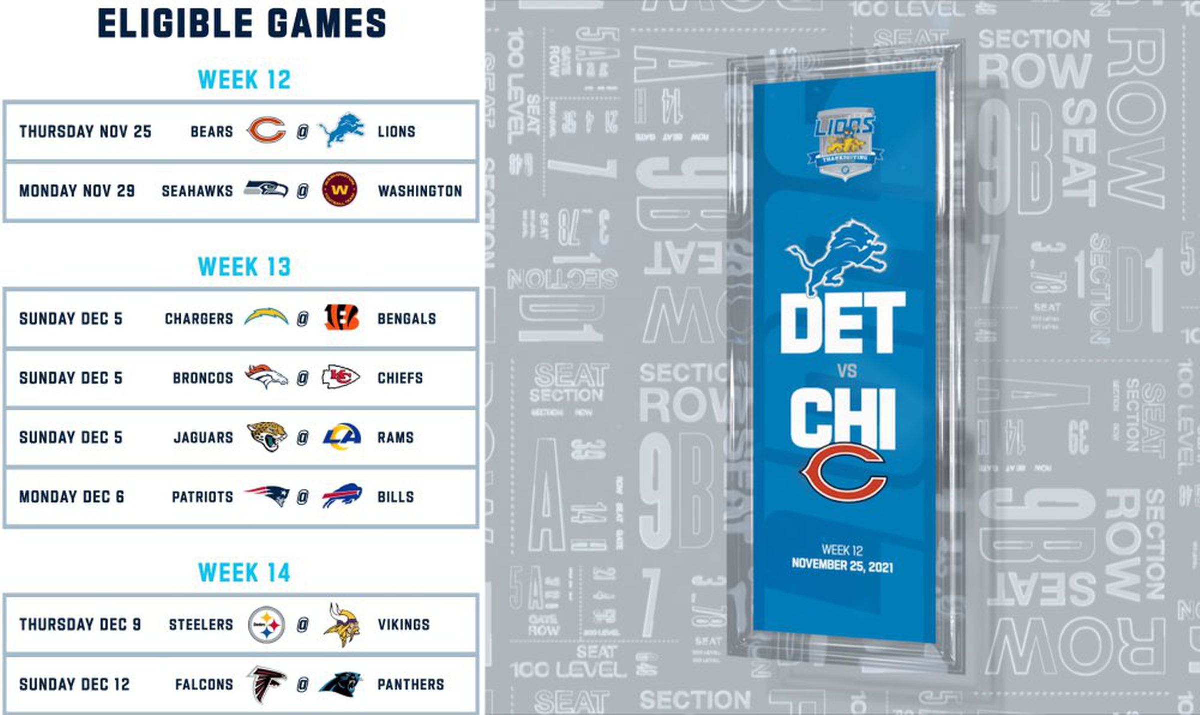 Partial schedule of NFT NFL games, and Lions/Bears commerative image