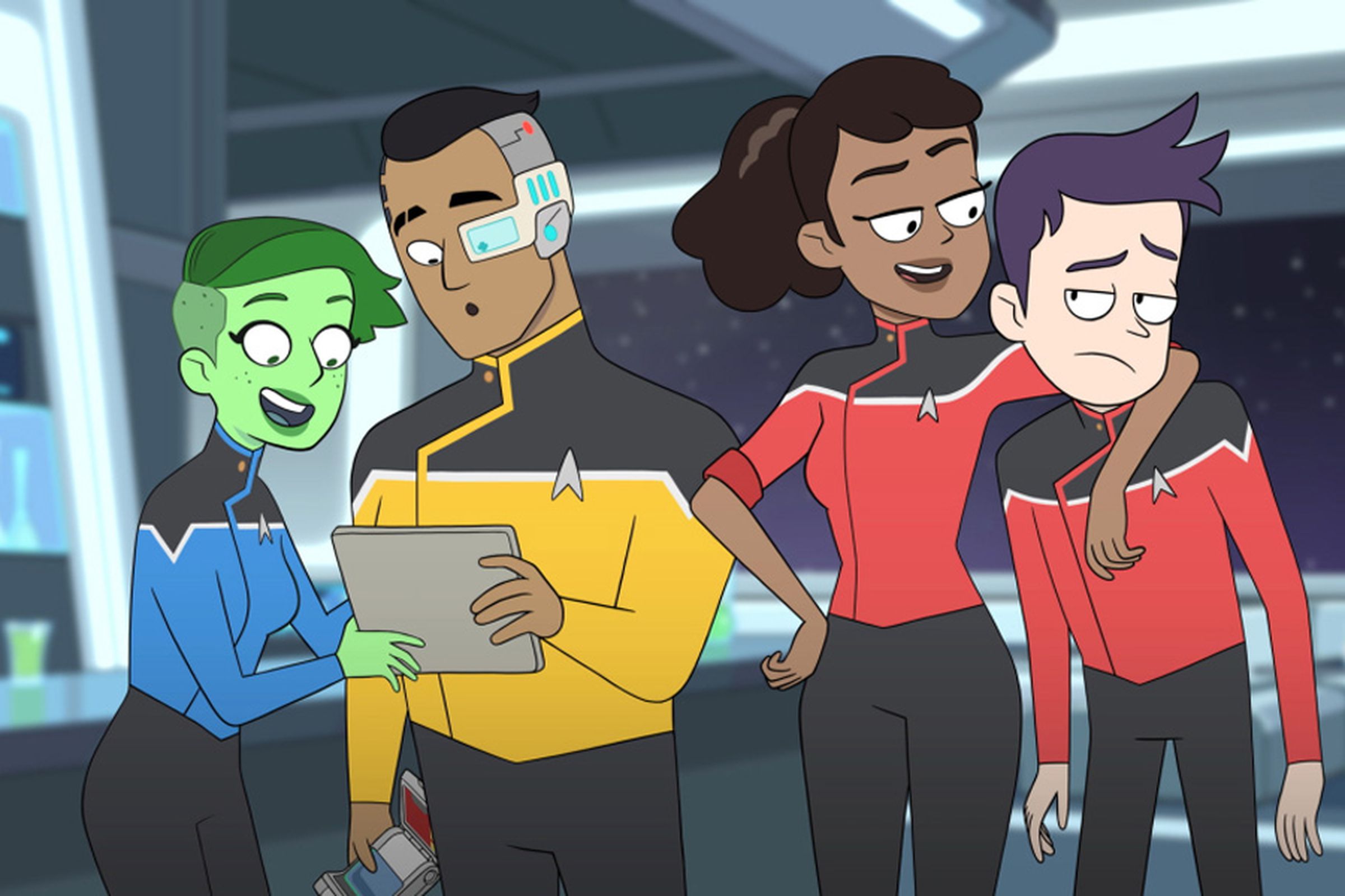 From left to right: a green humanoid woman in black pants and a blue shirt, a man with an undercut wearing black pants and a yellow shirt, a woman wearing black pants and a red shirt with her sleeves rolled up, and an uncomfortable-looking person with purple hair, black pants, and a red shirt.