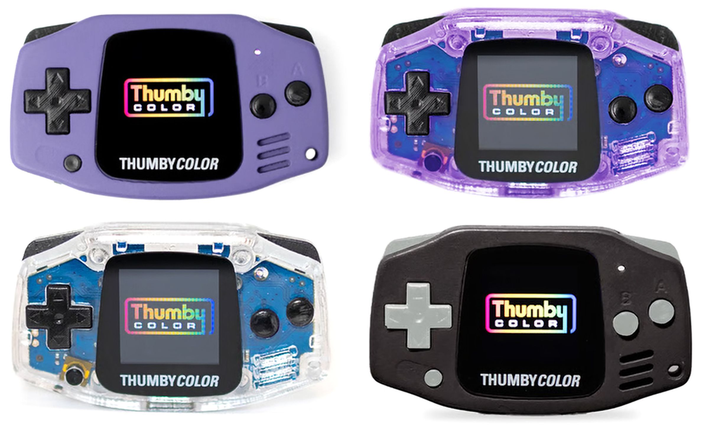 The Thumby Color pictured in four different color case options.