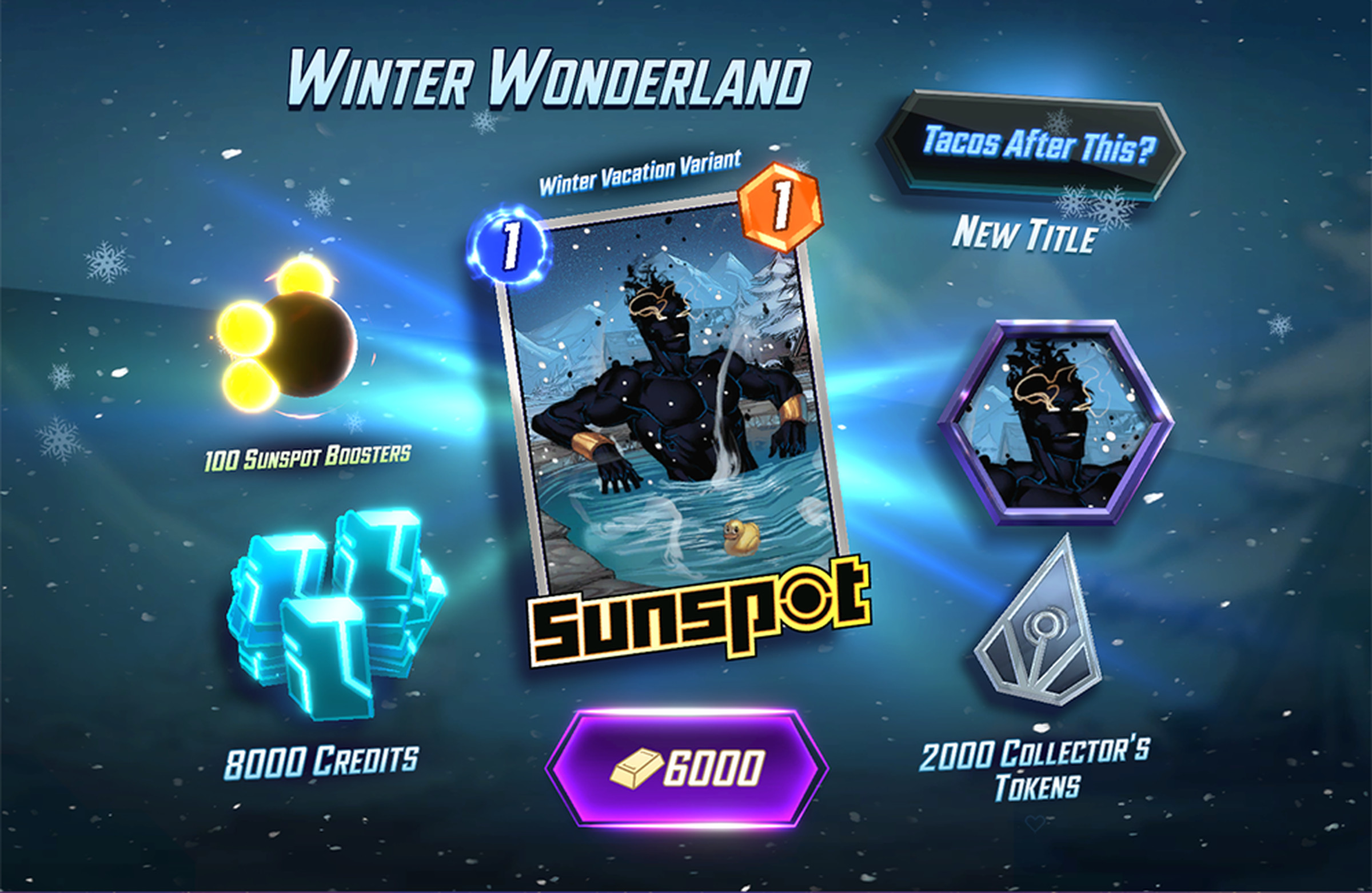 Screenshot from Marvel Snap featuring its Winter Wonderland bundle priced at 6,000 gold, the equivalent of $80.