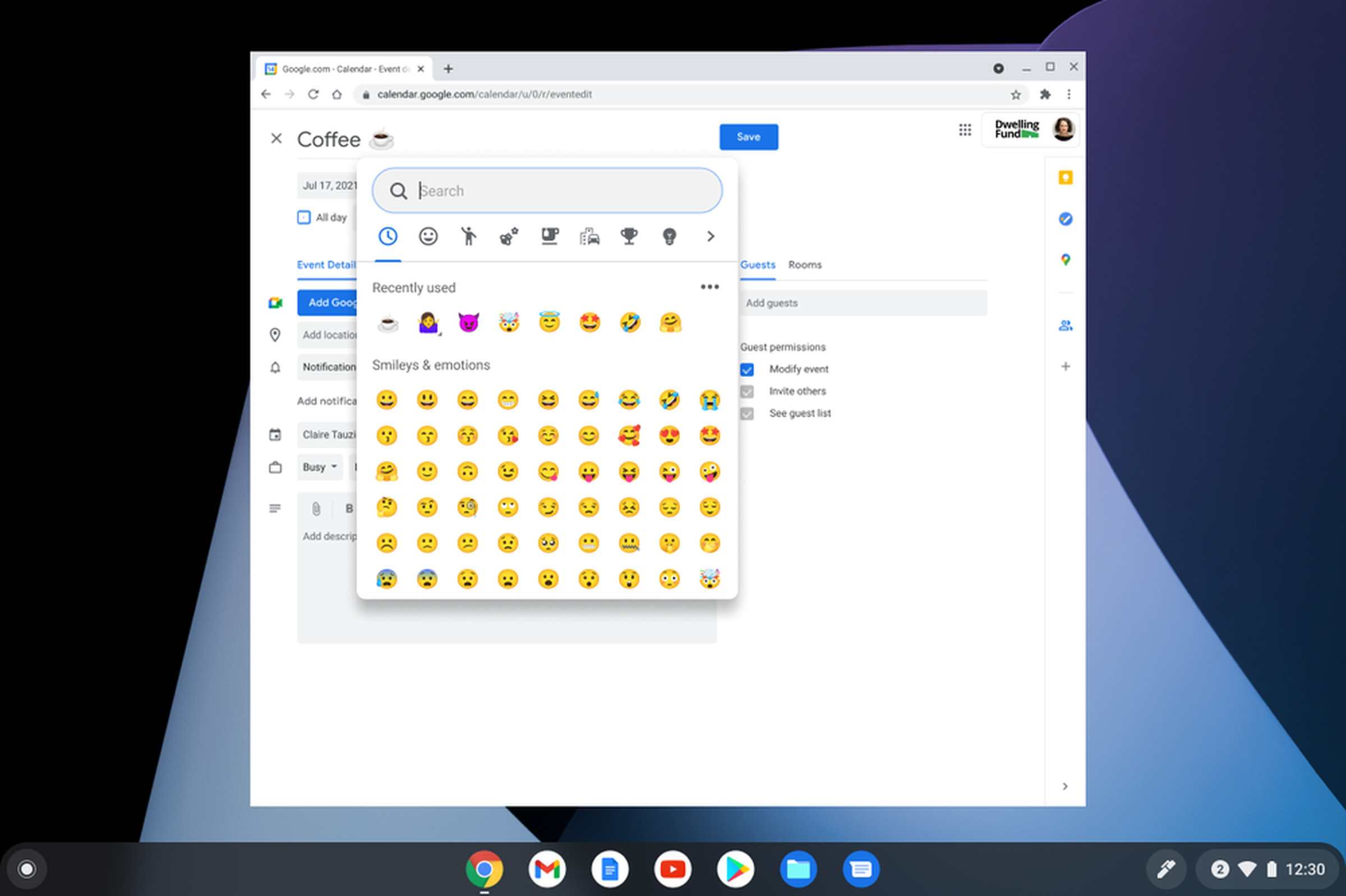 A screenshot of a Chrome window on a Chromebook with the new emoji picker emanating from the top text field.