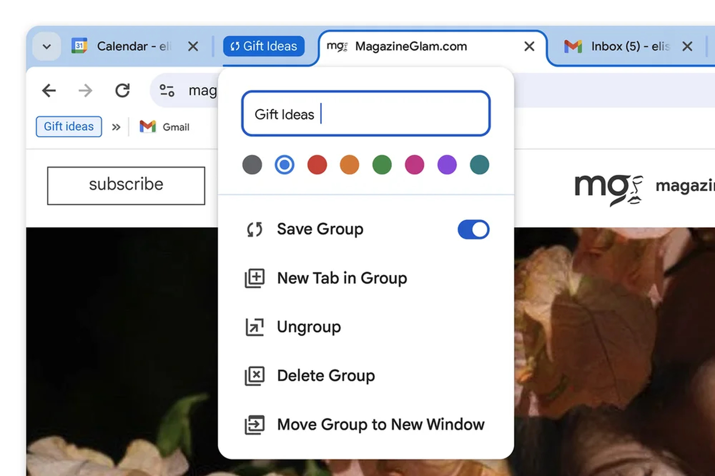 A screenshot of saving a tab group in Chrome.
