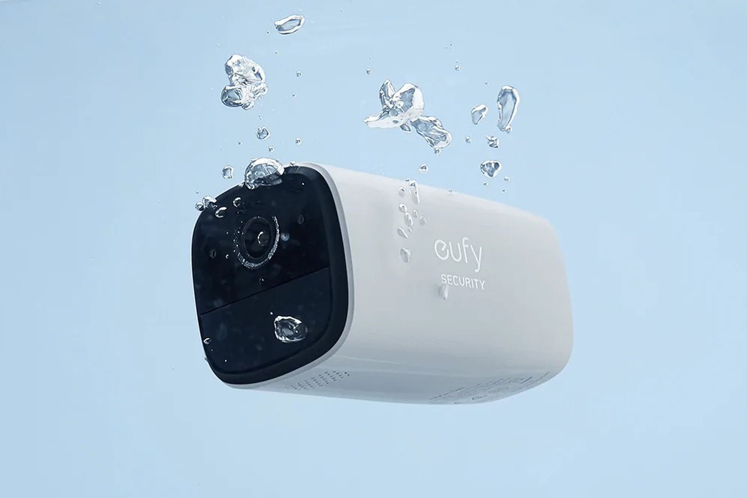 A Eufy camera underwater, air bubbles bubbling up