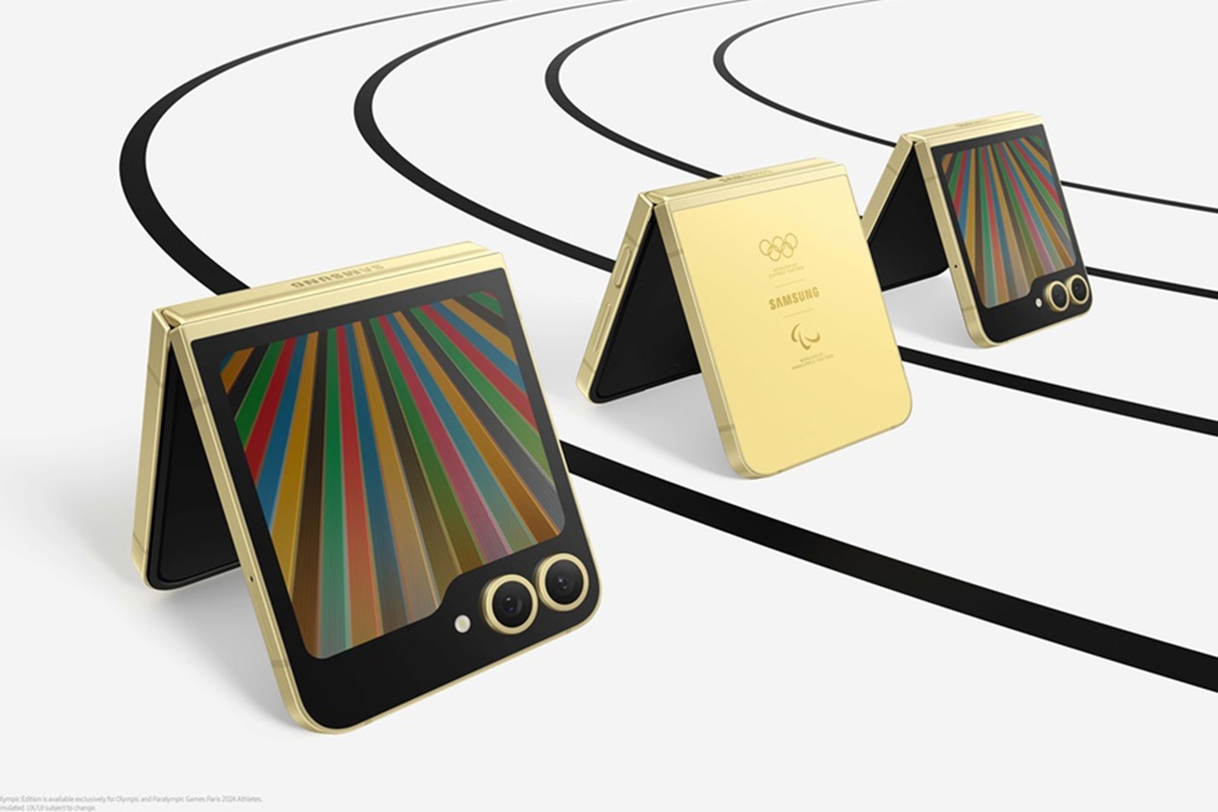 Three Samsung Galaxy Z Flip6 Olympic Edition smartphones half-folded on a simulated running track.