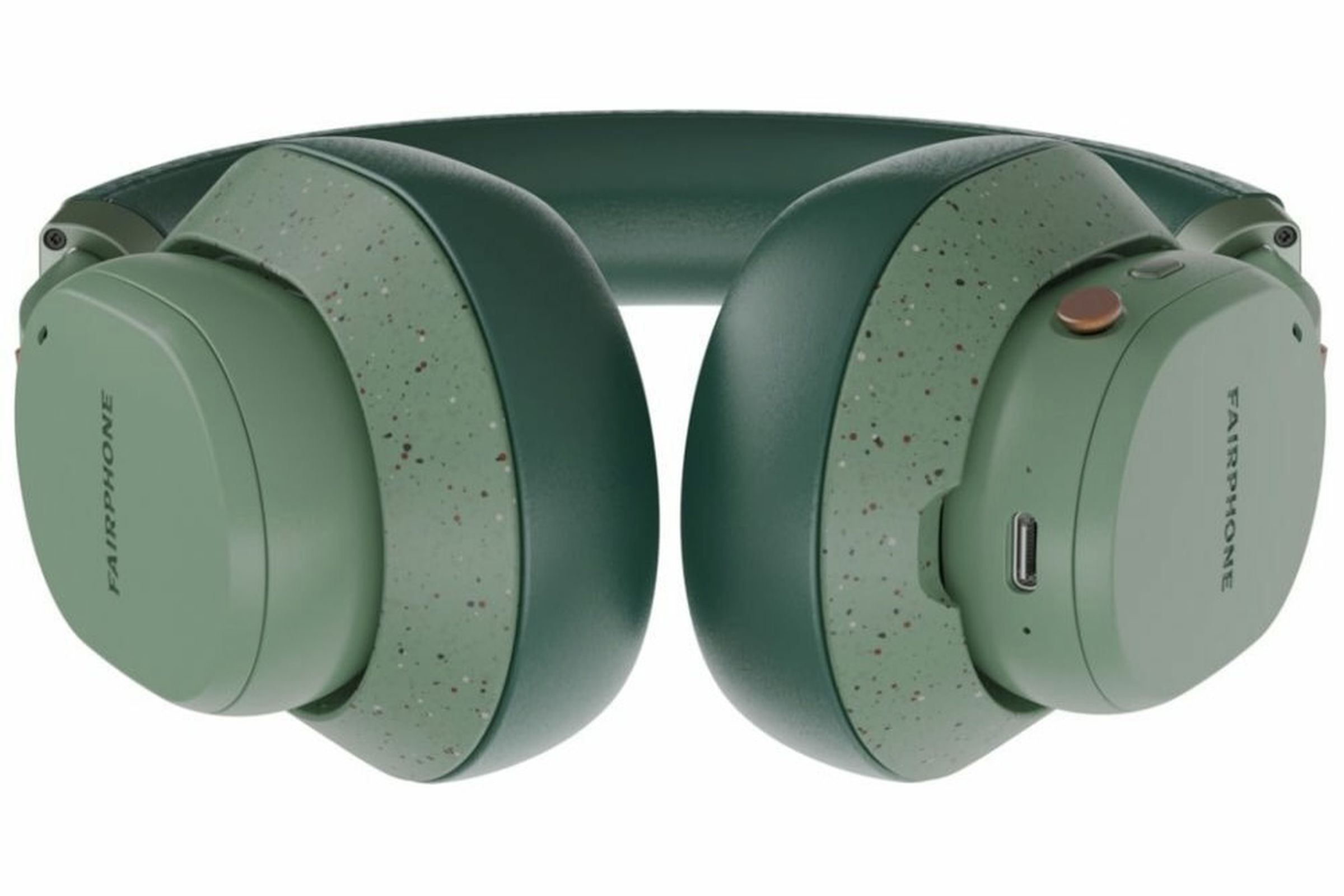 Green over-the-ear headphones with Fairphone logo on both cups, speckles in the plastic finish.