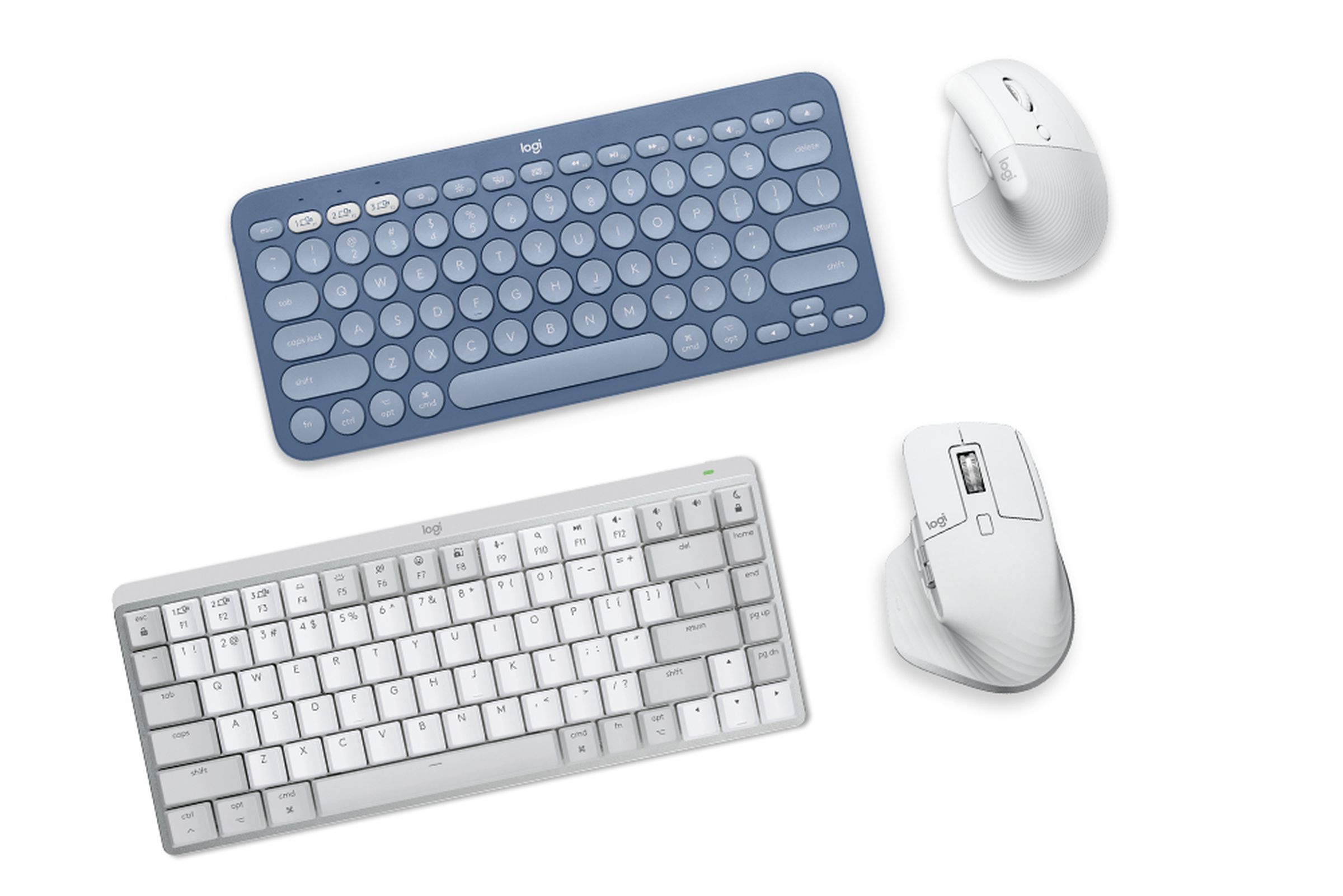 The MX Mechanical Mini for Mac, the MX Master 3S for Mac, the Lift for Mac ergonomic mouse, and the K380 Bluetooth Keyboard for Mac.