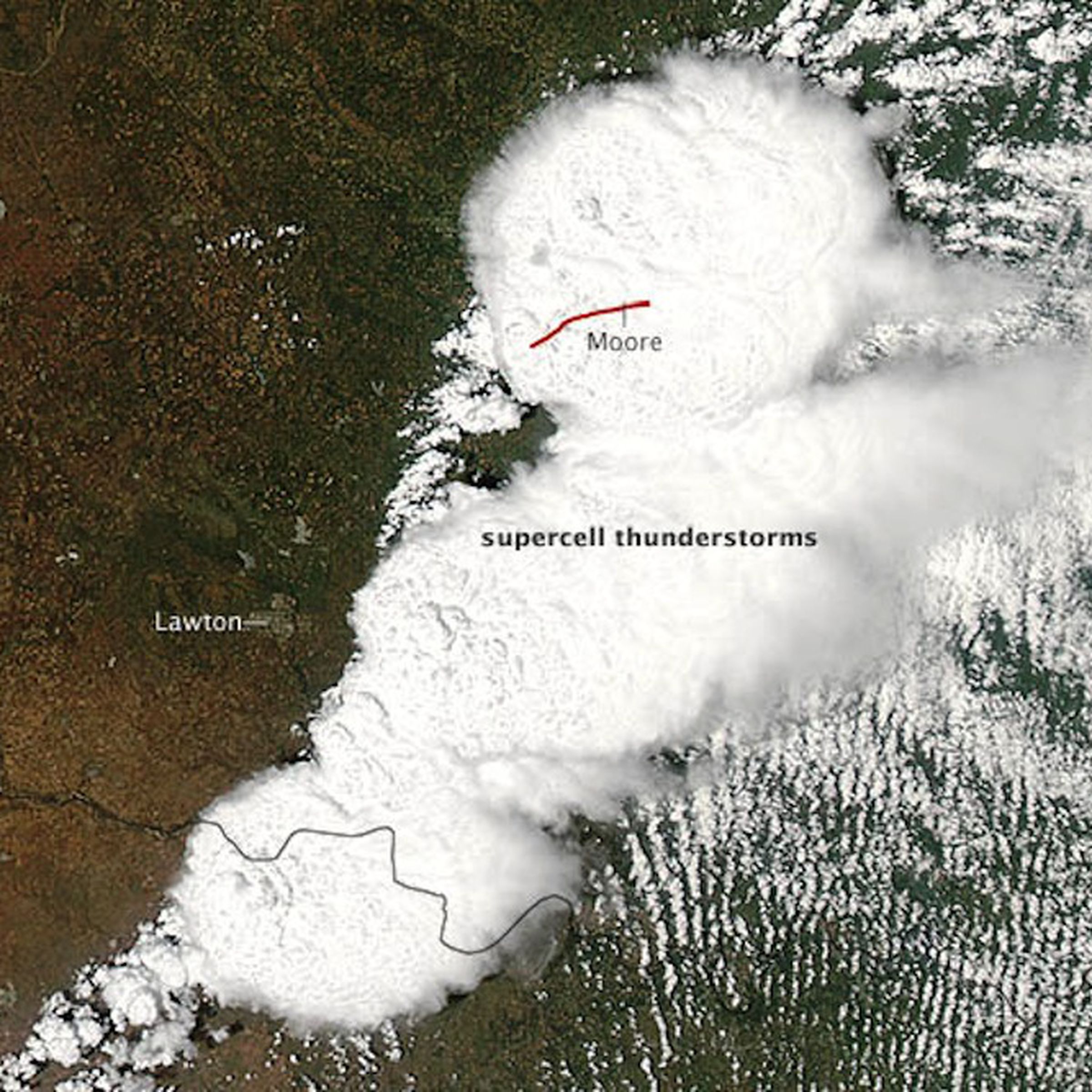 A satellite image of this week's tornado in Moore, Oklahoma, captured by NASA's Moderate Resolution Imaging Spectroradiometer. 