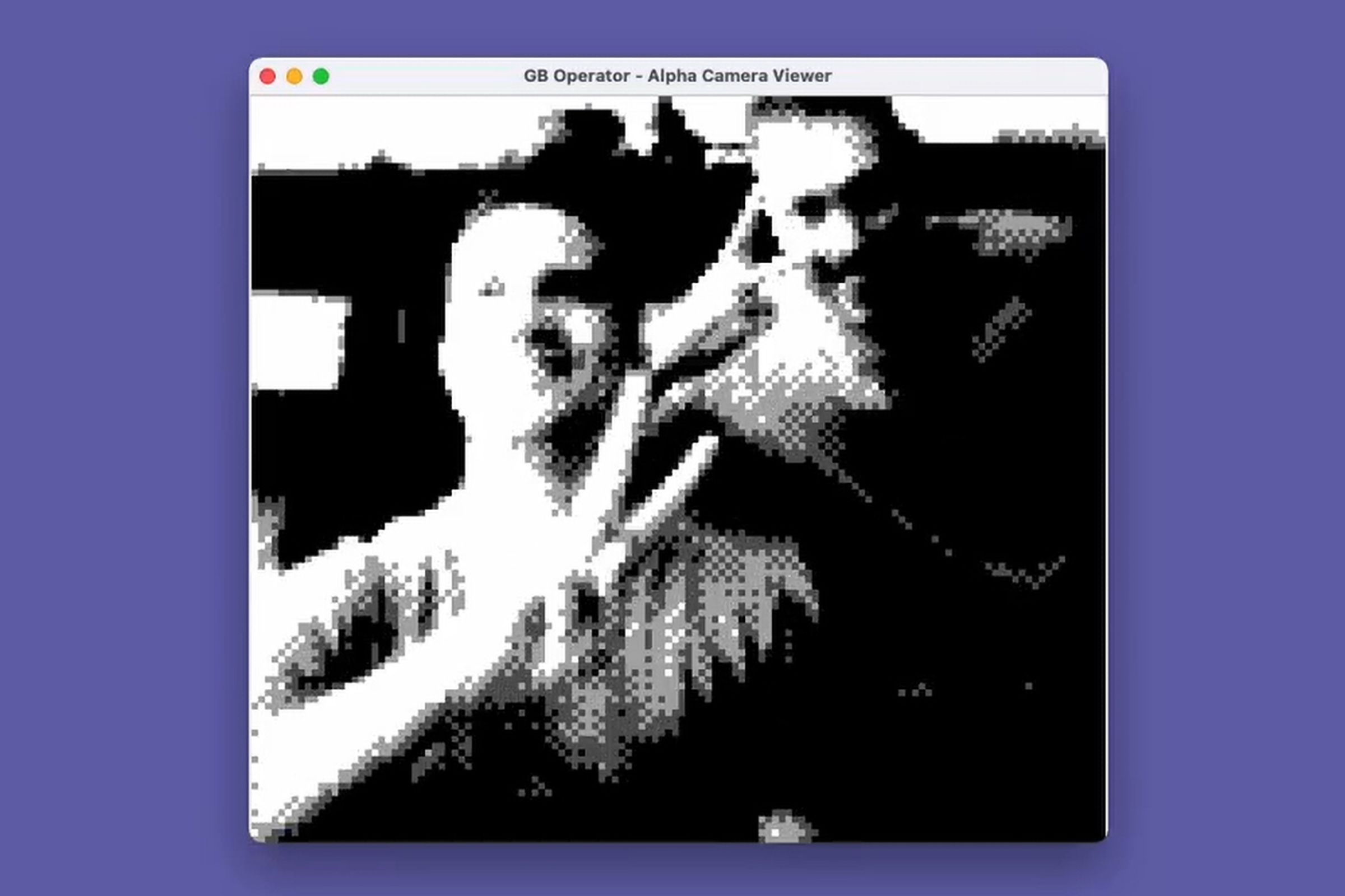A low-resolution image of two people being livestreamed through the Game Boy Camera.