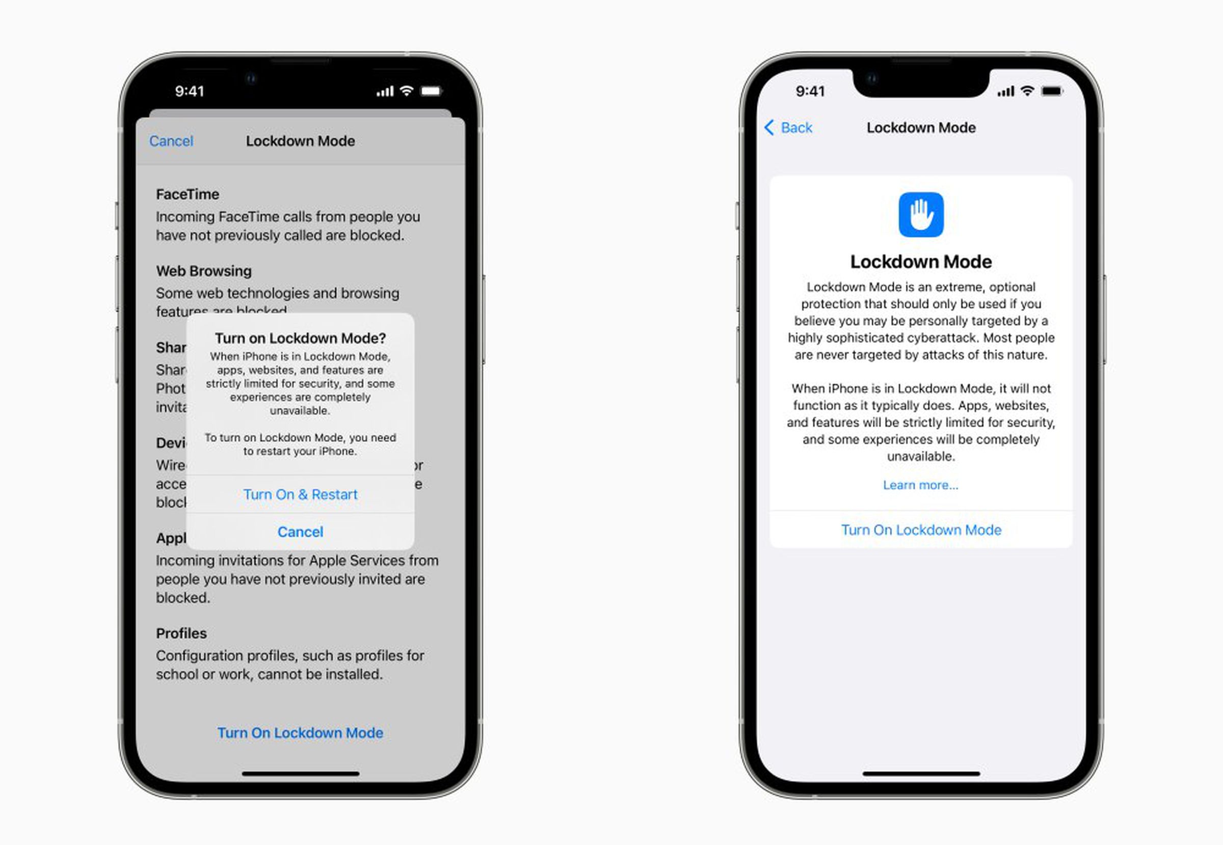 Lockdown Mode screen in iOS 16