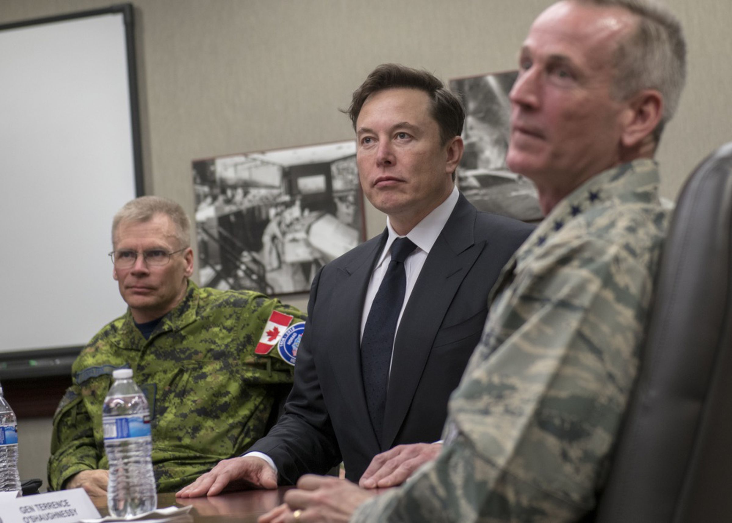 SpaceX CEO Elon Musk meets in Colorado with former NORTHCOM and NORAD commander Ret. Gen. Terrence O’Shaughnessy (right) and Royal Canadian Air Force Lieutenant General Christopher Coates (left) in April 2019.