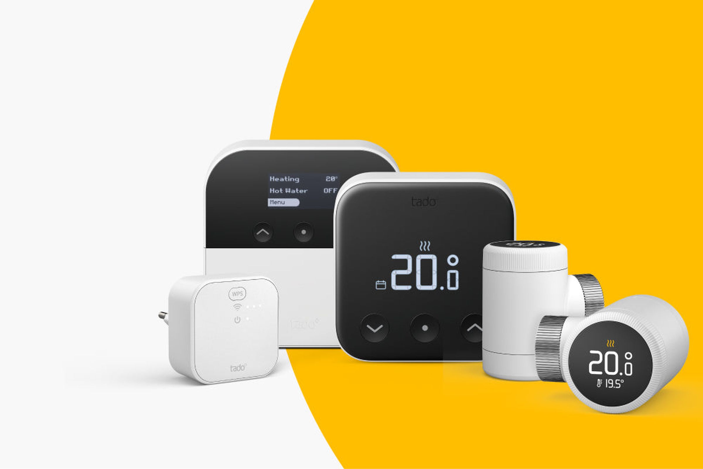 Product family image showing the Wireless Temperature Sensor X, Heat Pump Optimizer X, Thermostat X, and two Smart Radiator Thermostat X