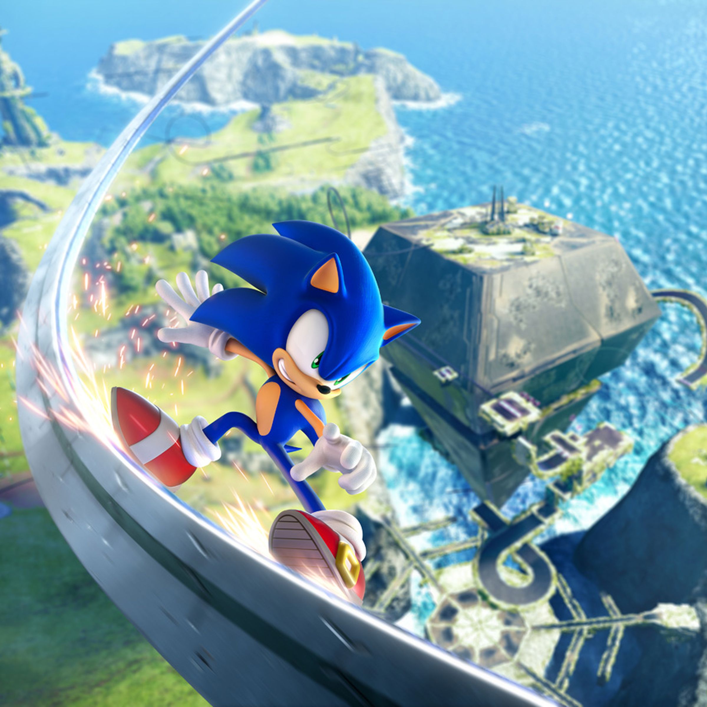 Splash screen for Sonic Frontiers featuring Sonic the Hedgehog grinding on a rail with the words Sonic Frontiers in the upper right hand corner against a blurred background of brightly light ruins and a lush green landscape