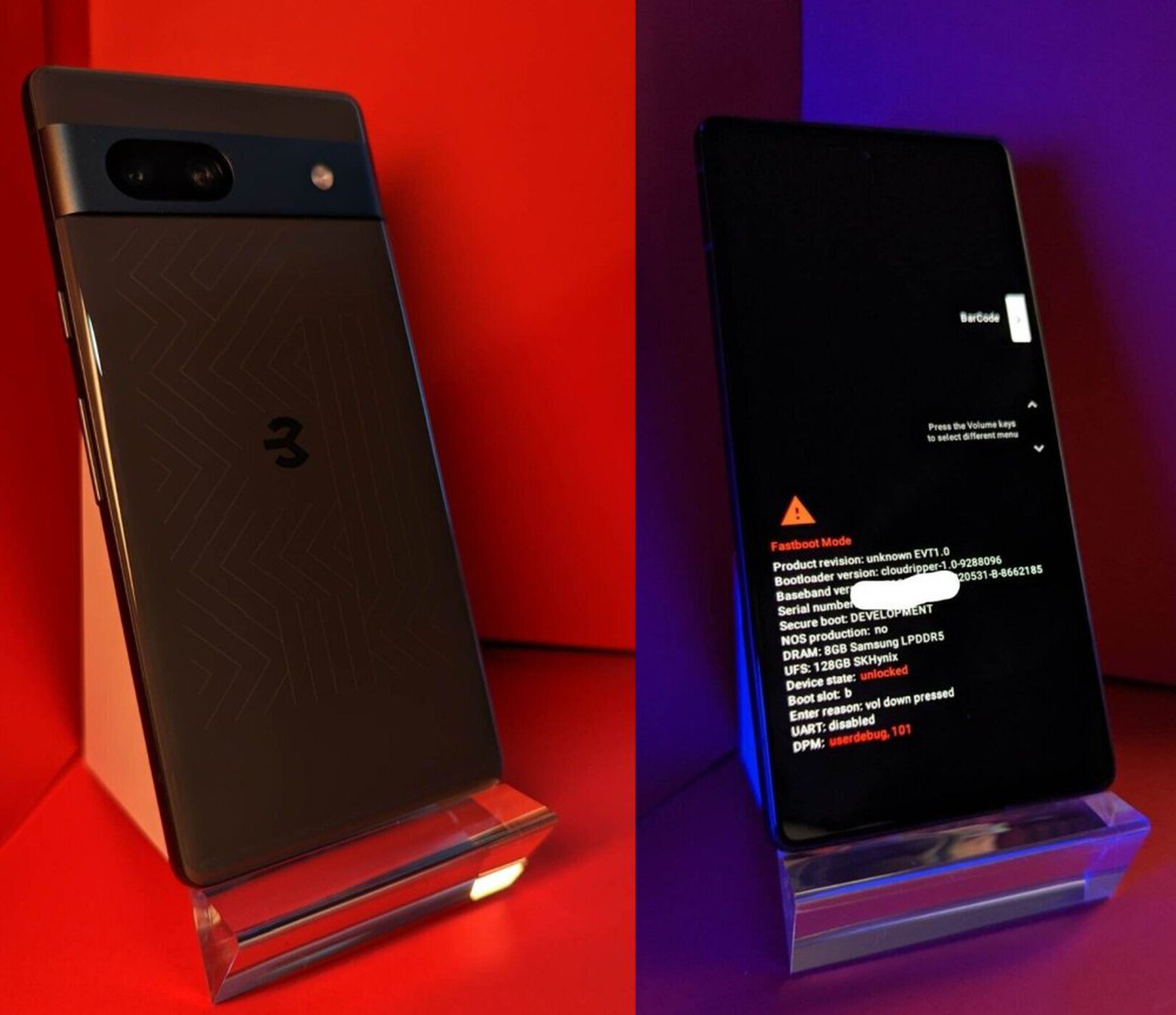 Front and rear pictures of a prototype Pixel 7A from an eBay listing.