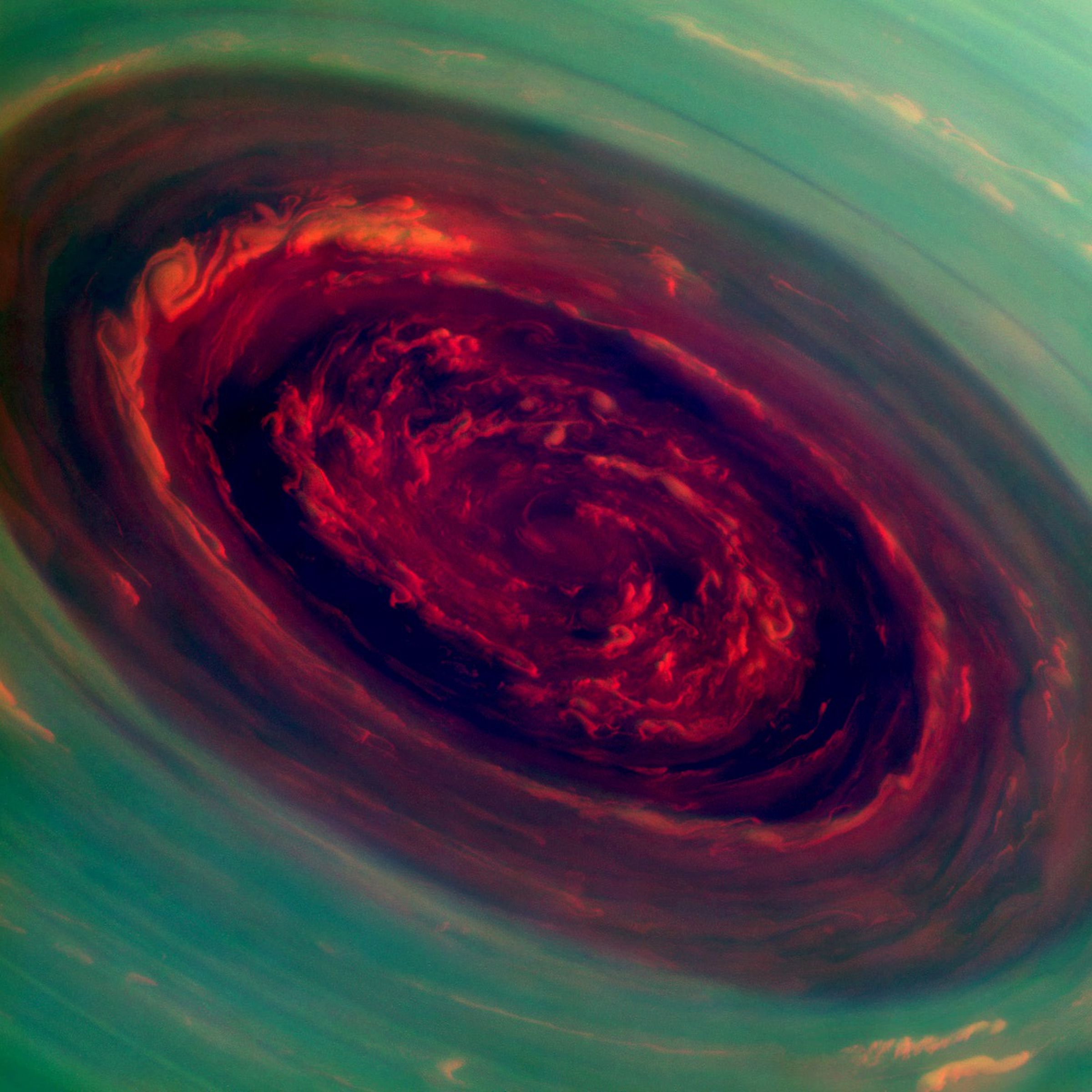 Spinning vortex of Saturn's north polar storm, photographed on November 27th, 2012.
