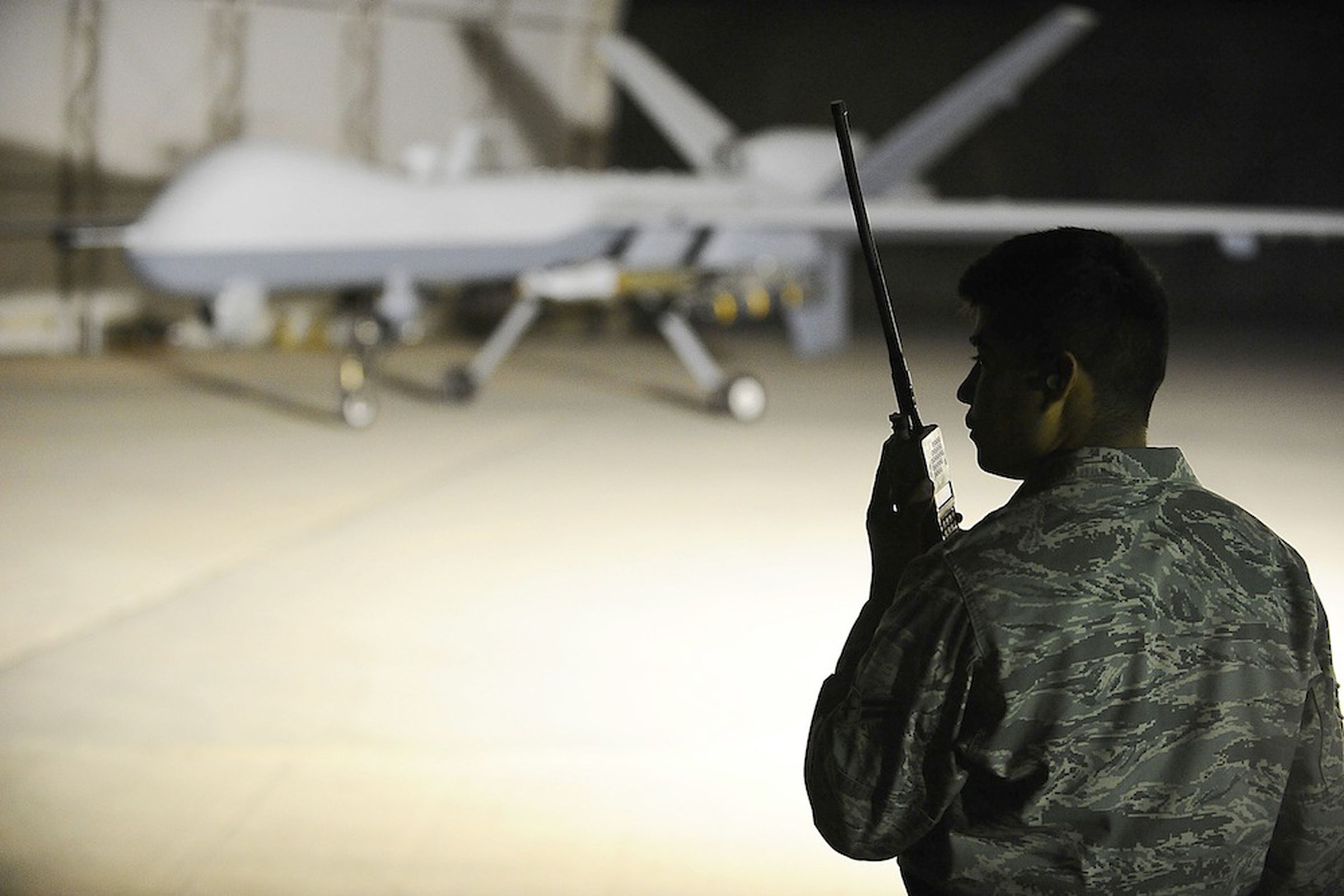 Drone and solider (Credit: Airman 1st Class Jason Epley/USAF)