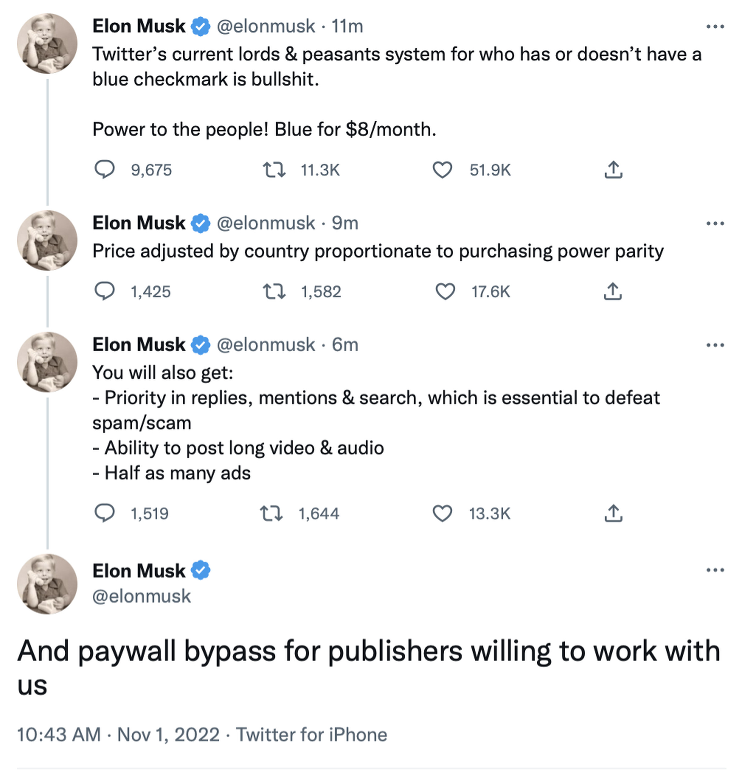 Screenshot of Elon Musk’s tweets announcing the changes to Twitter Blue. It reads: “Twitter’s current lords &amp; peasants system for who has or doesn’t have a blue checkmark is bullshit.&nbsp;Power to the people! Blue for $8/month. Price adjusted by country proportionate to purchasing power parity.