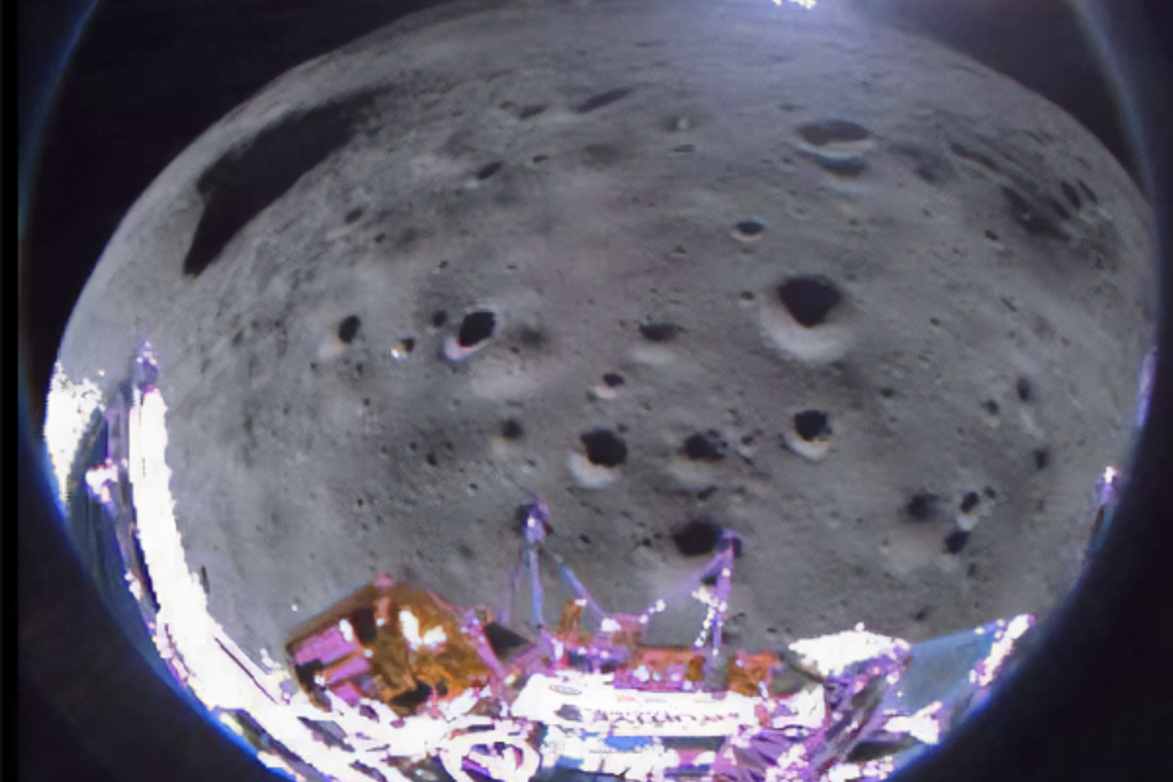 A fish-eye lens photo of the Moon’s surface by the Odysseus lunar lander.