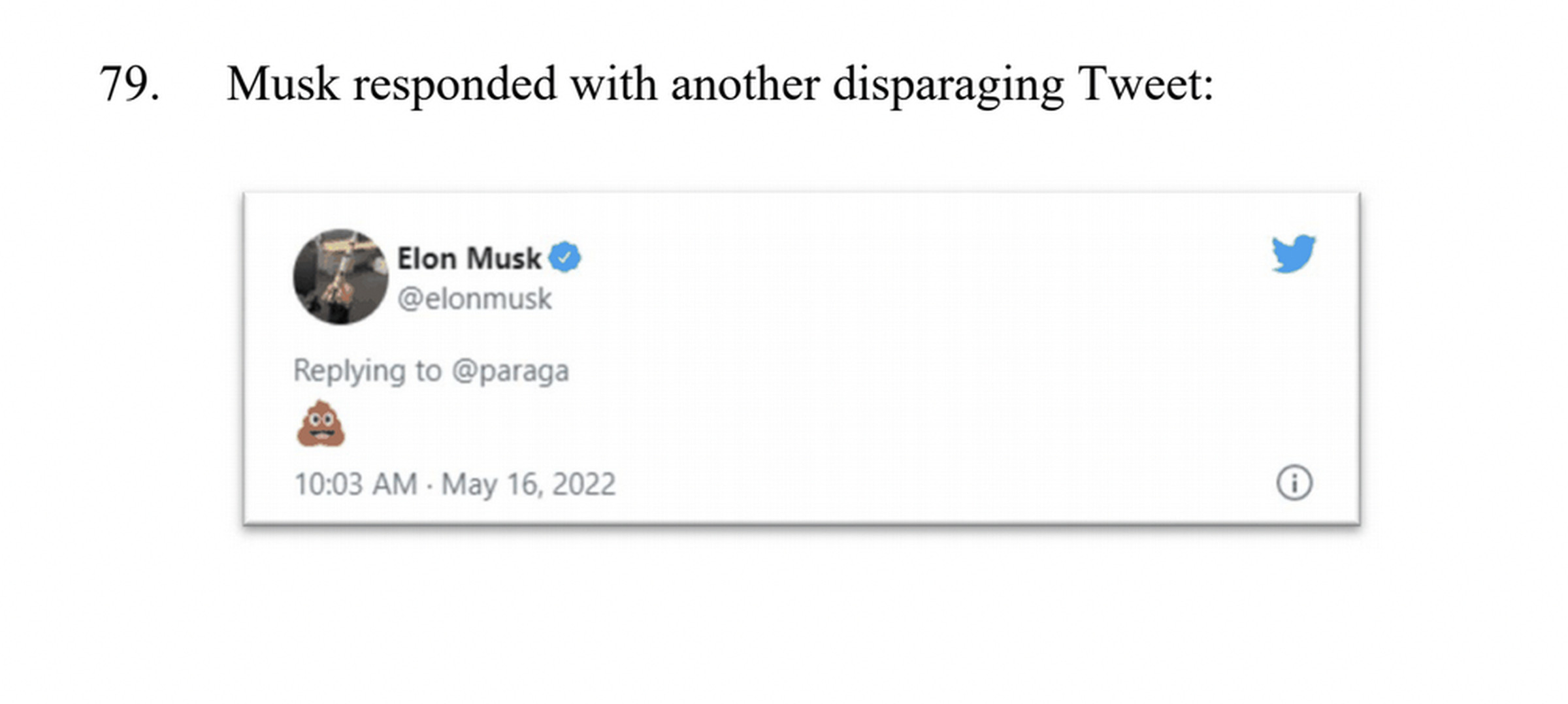 A screenshot from Twitter’s complaint, which includes a tweet from Musk with a poop emoji