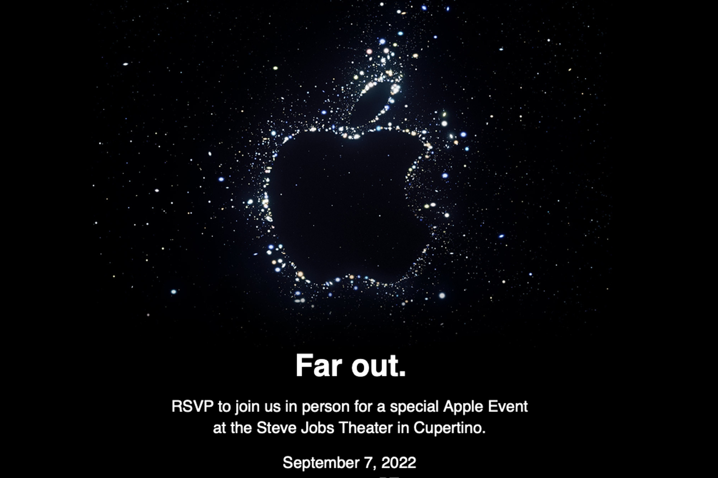 Apple’s logo outlined in glowing lights on a black background, with details about the upcoming Apple event.