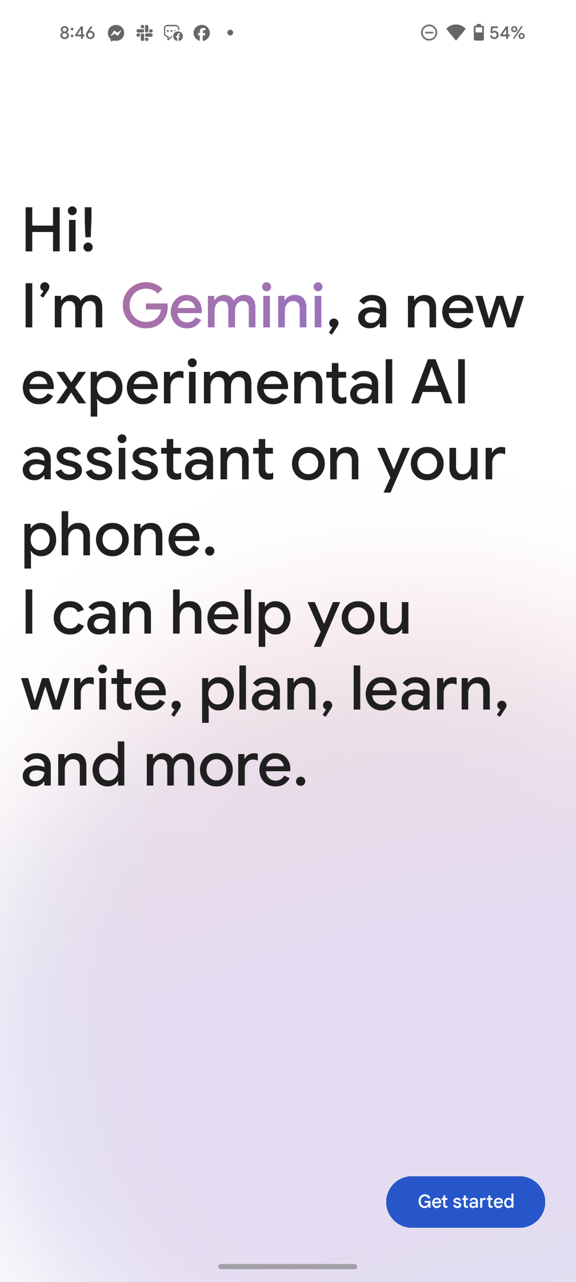 Screenshot of Gemini assistant introduction text