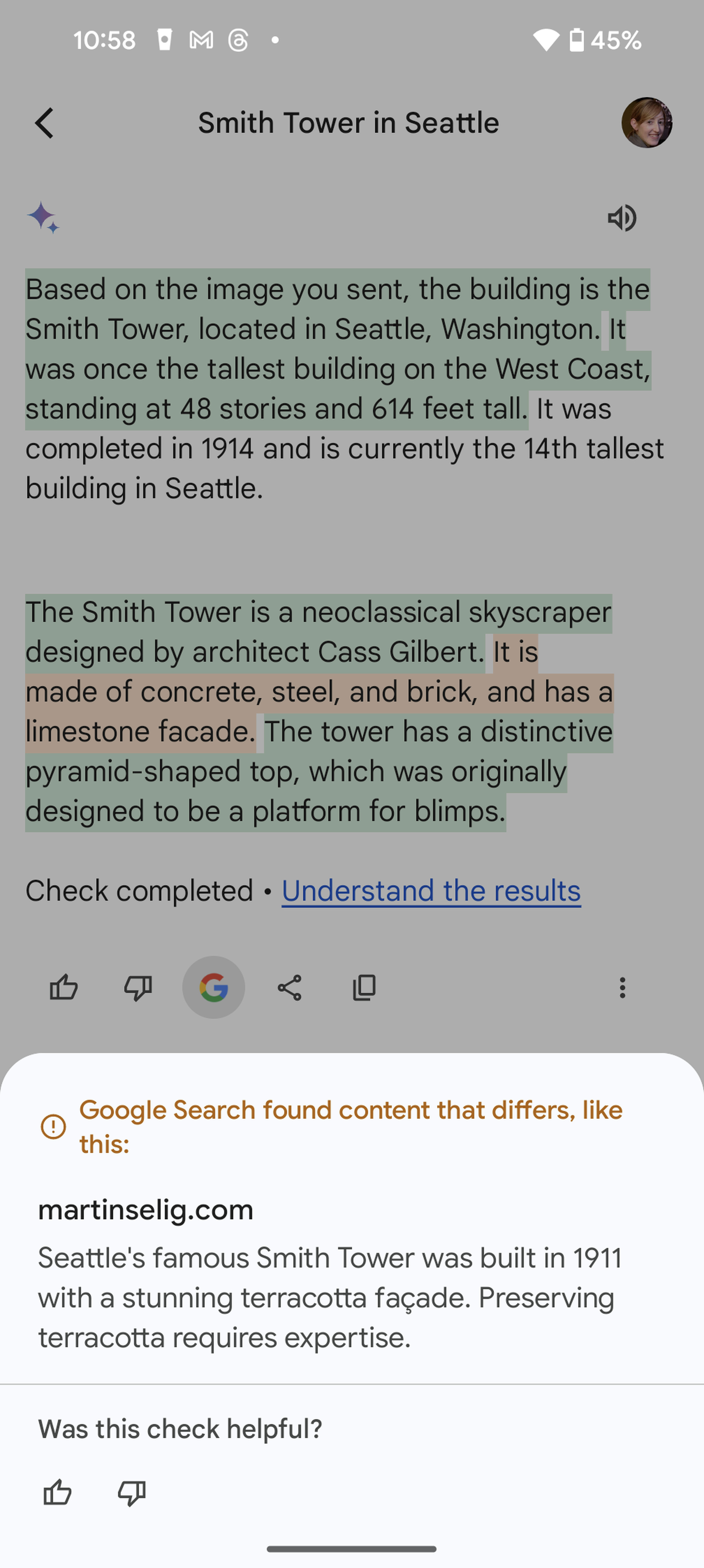 Screenshot of Google fact-checking a statement from Gemini about Smith Tower in Seattle.