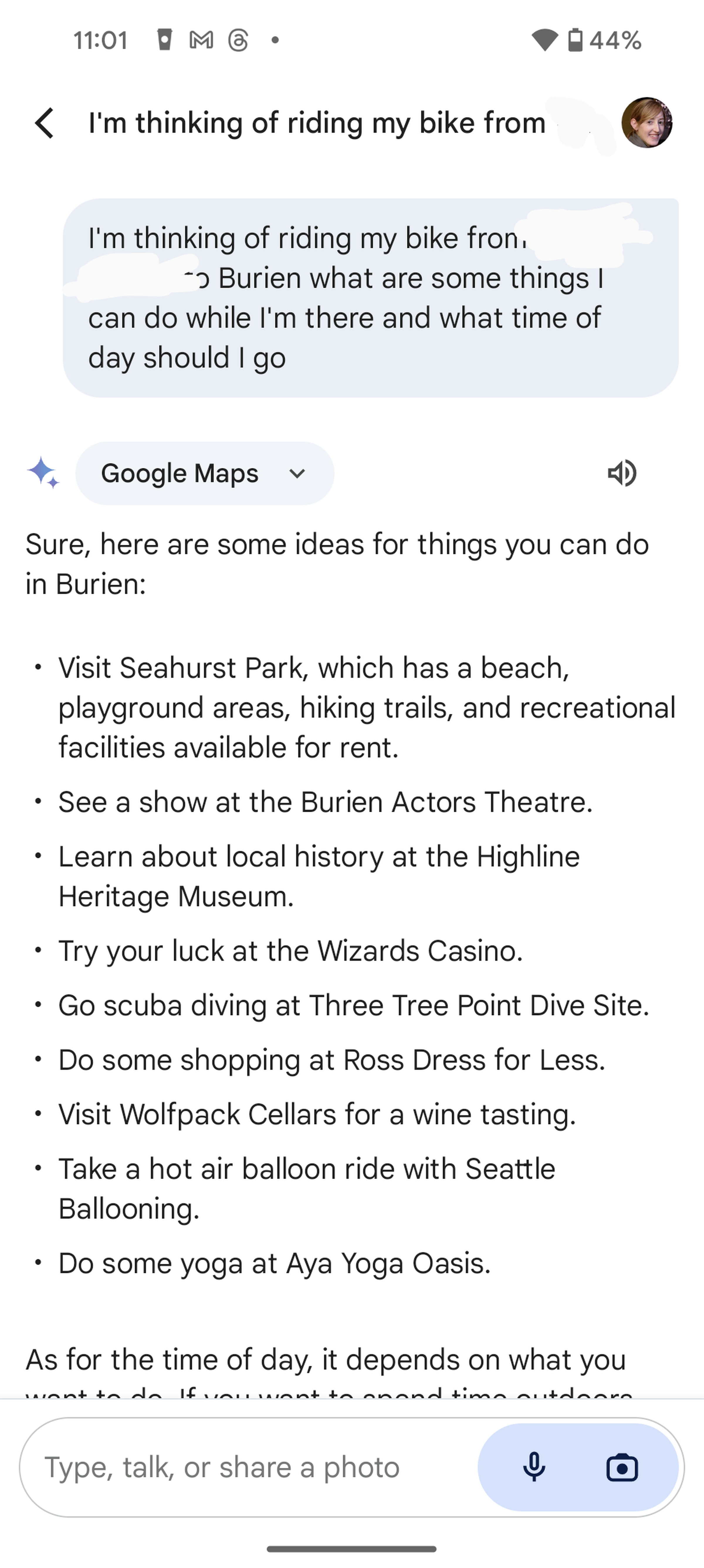Screenshot showing a list of suggested activities for a neighborhood outside of Seattle.
