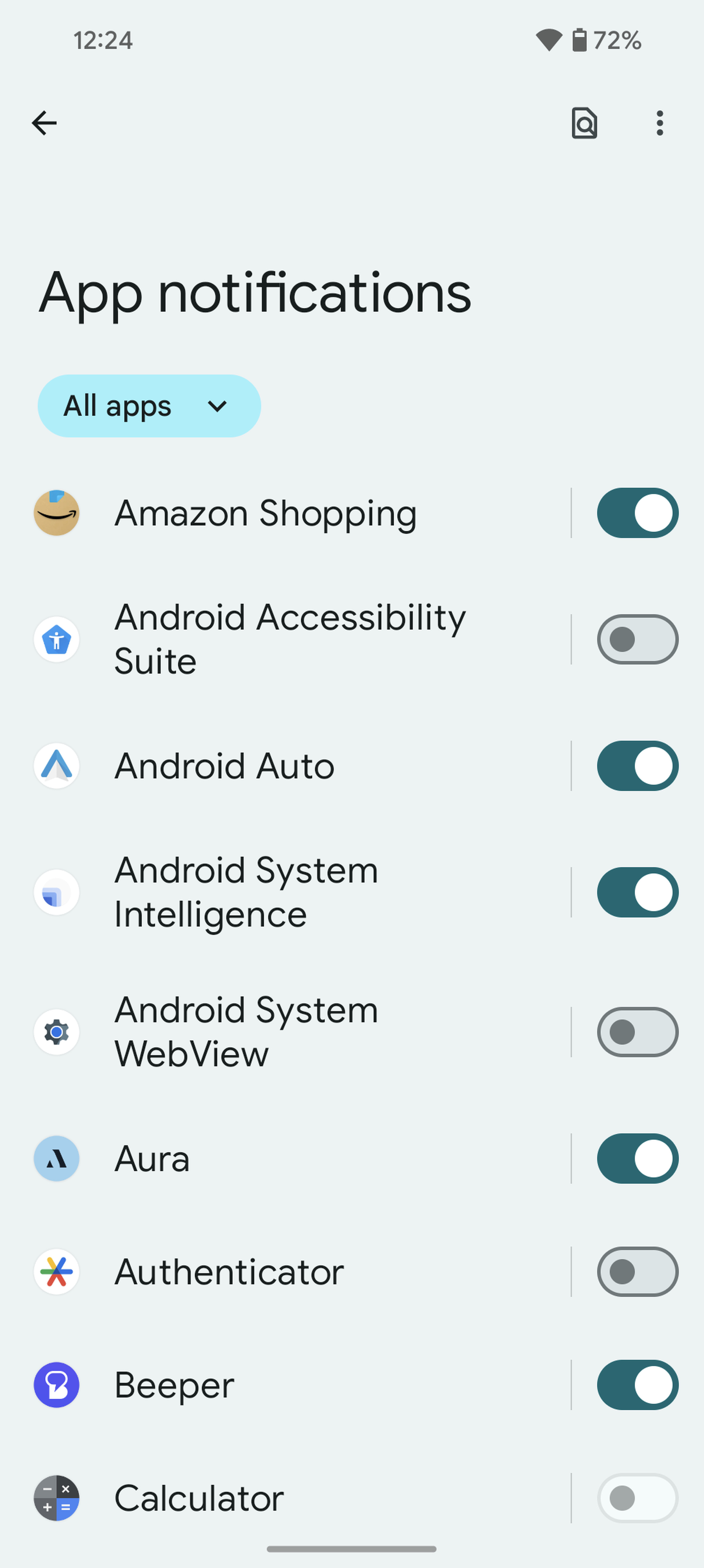 Screen grab on a Pixel phone showing app notifications menu screen.