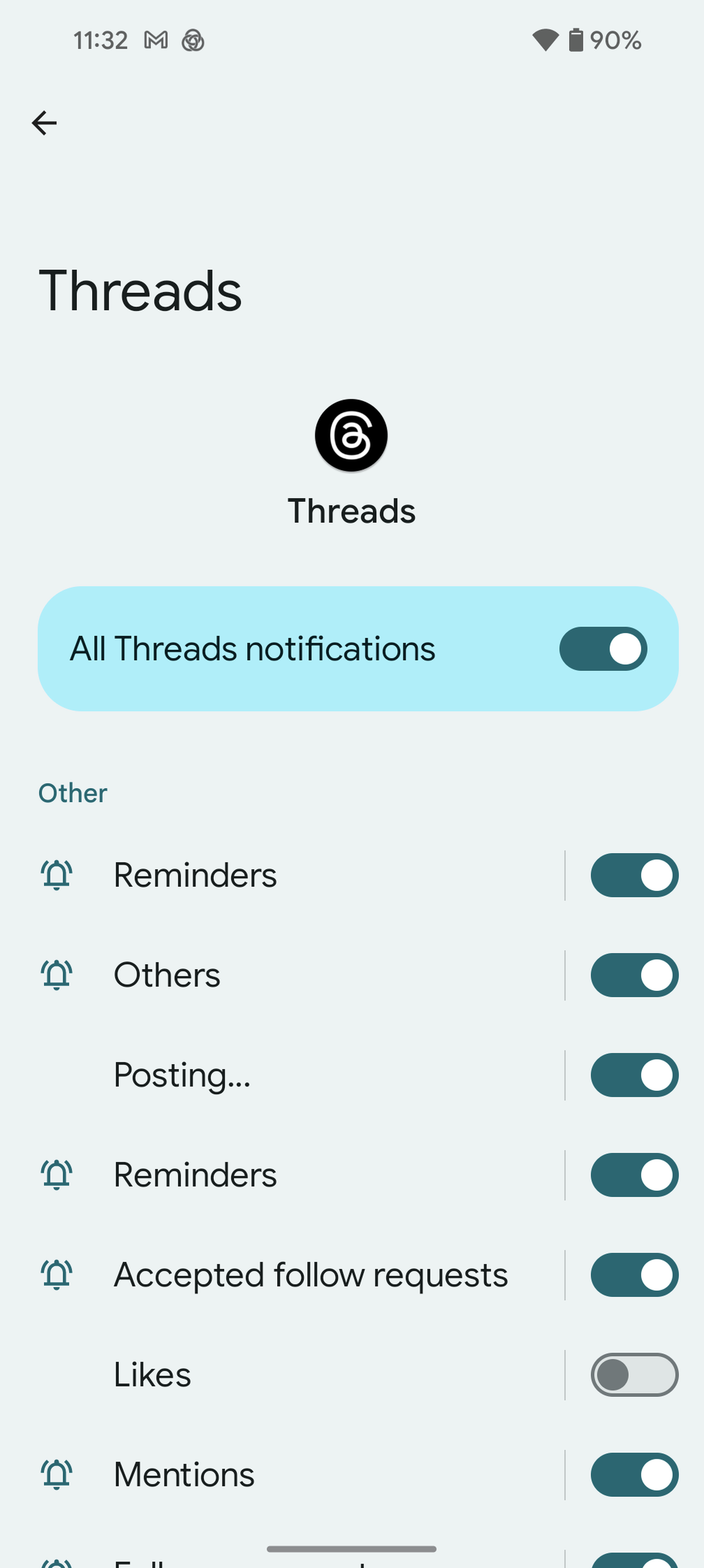 Screen grab showing Threads app notification channel options.