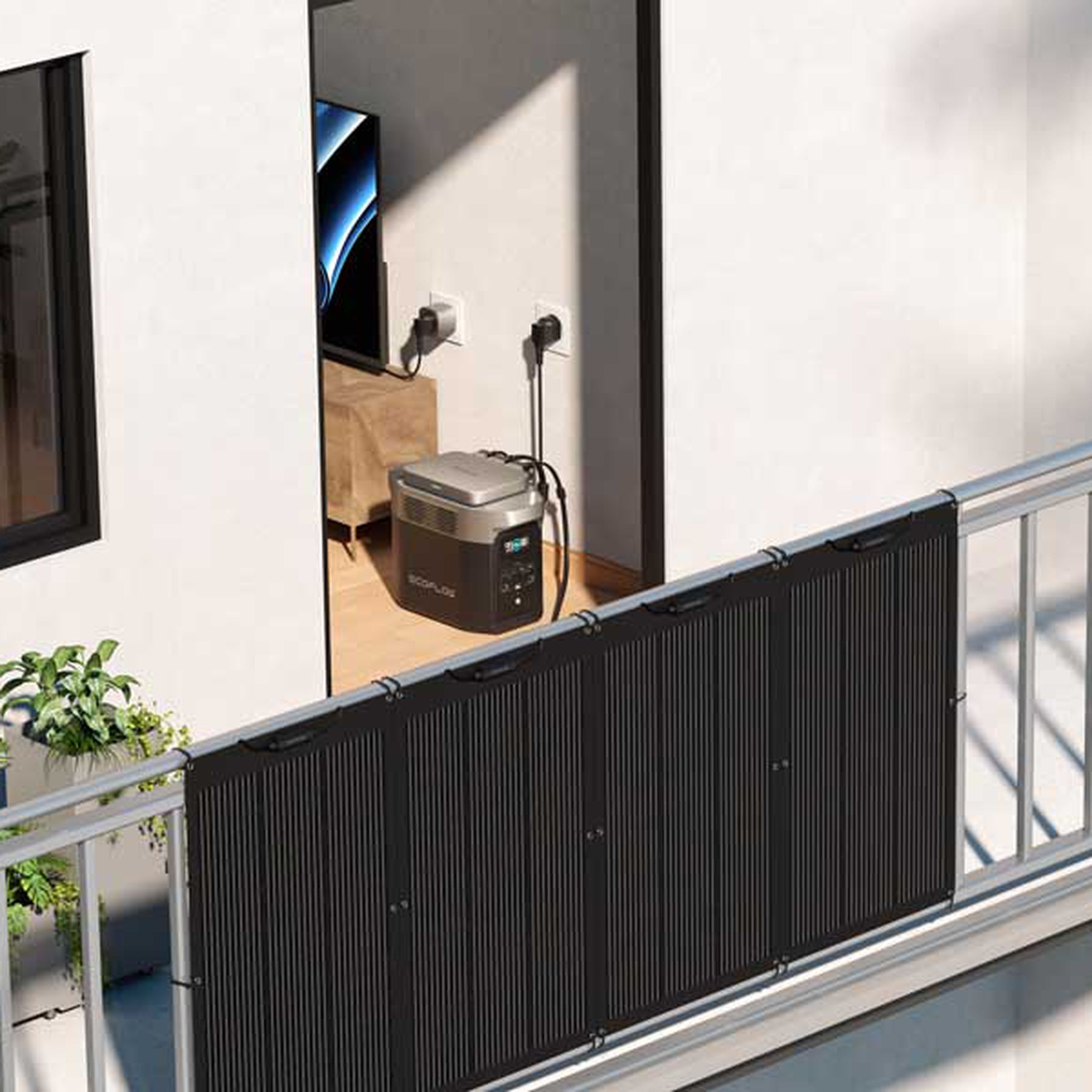 A view into an open apartment window where we see an EcoFlow Powerstream plugged into a wall socket and an EcoFlow battery with cables running outside to solar panels hung on a railing.