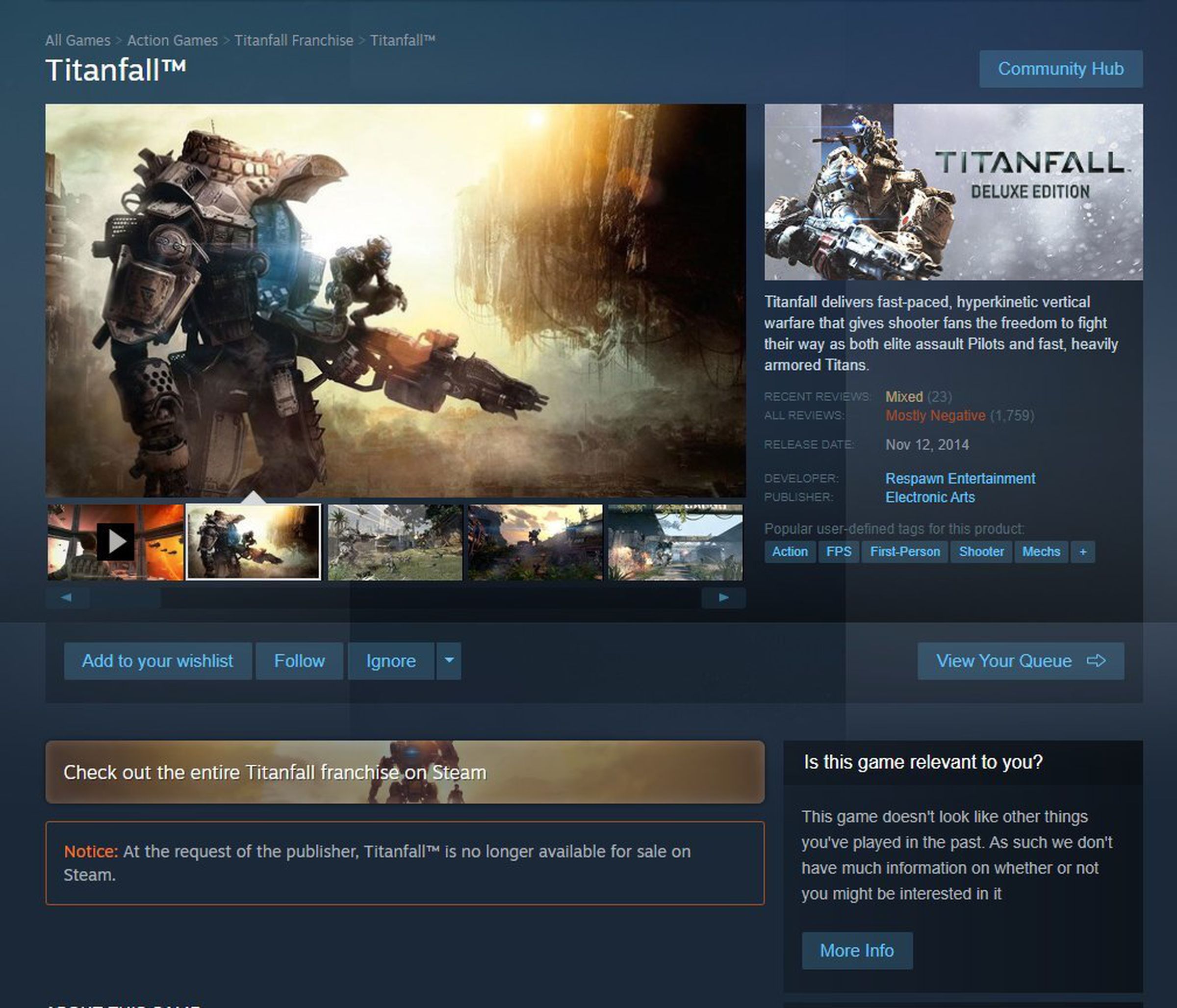 Titanfall is no long available on Steam